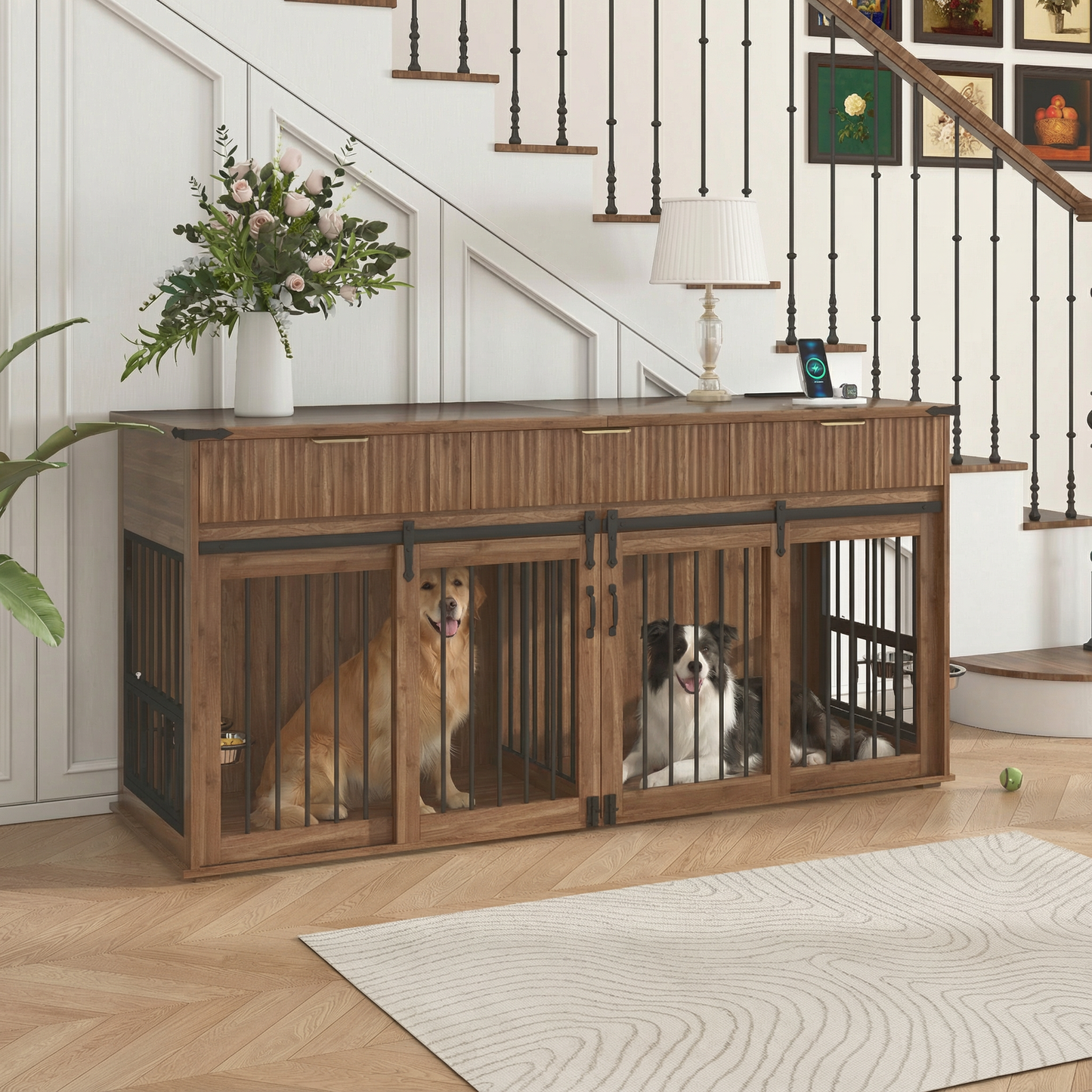 71" Double Dog Crate Furniture with Fluted Drawers – Large Wooden Dog
