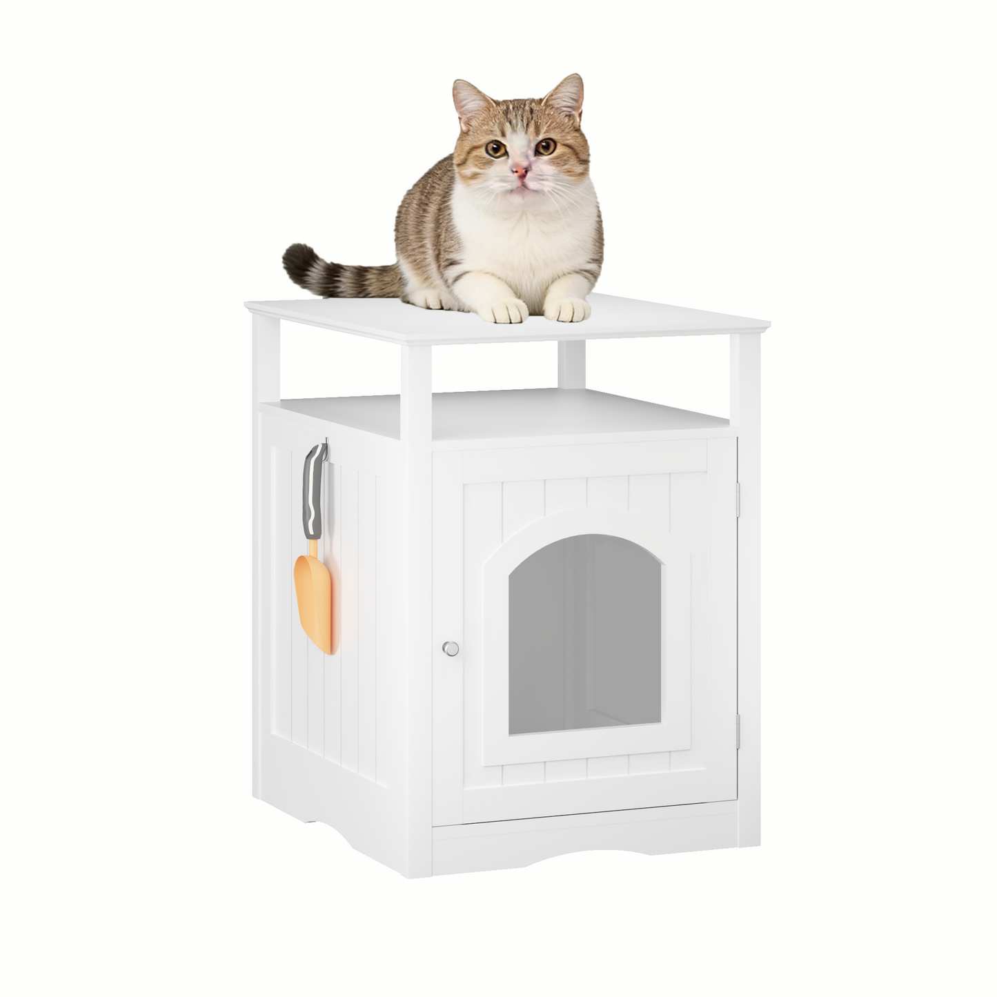 Modern Cat Litter Box Enclosure Furniture – White Wooden Hidden Cat