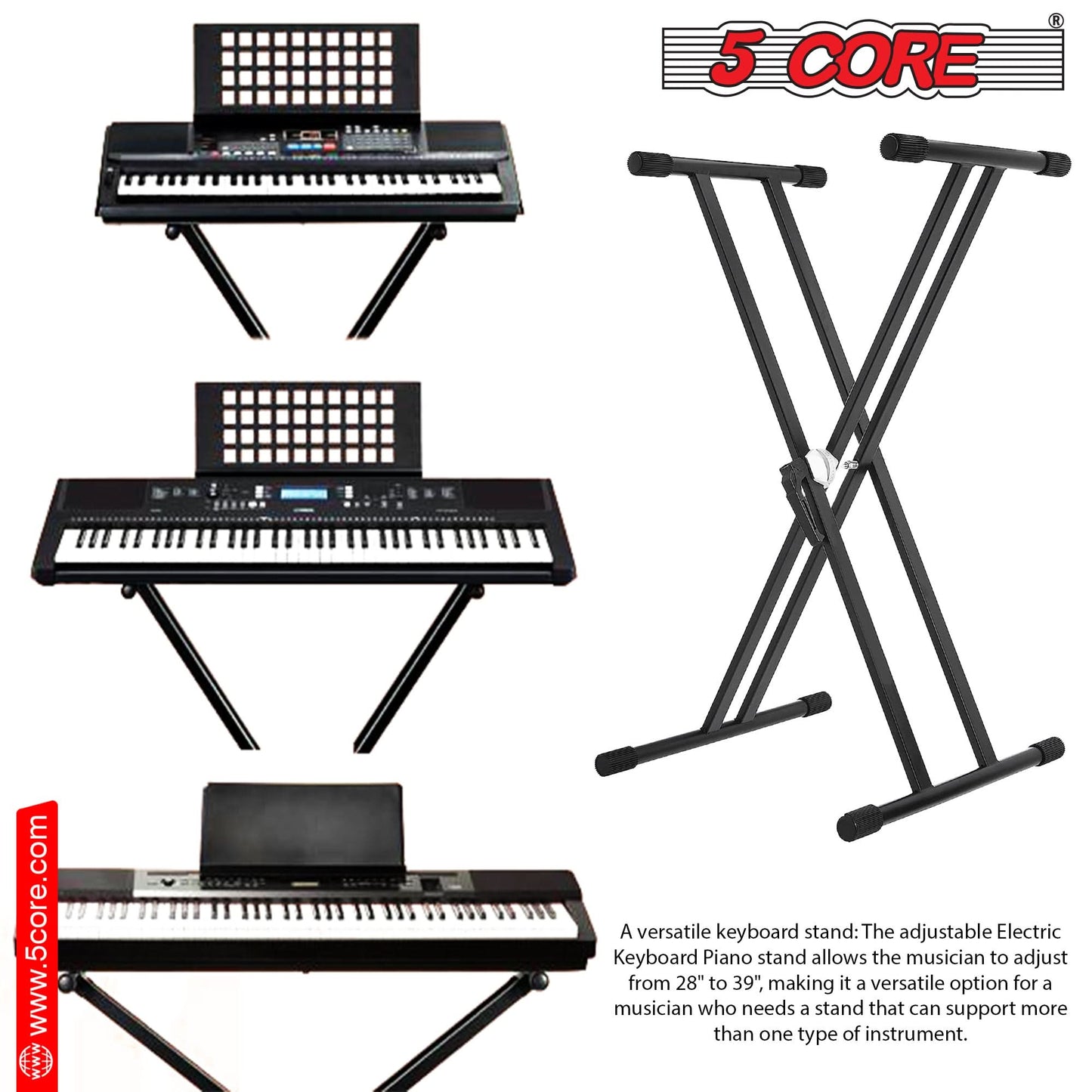 5Core Keyboard Stand Double X Style Adjustable Piano Riser For 49 To
