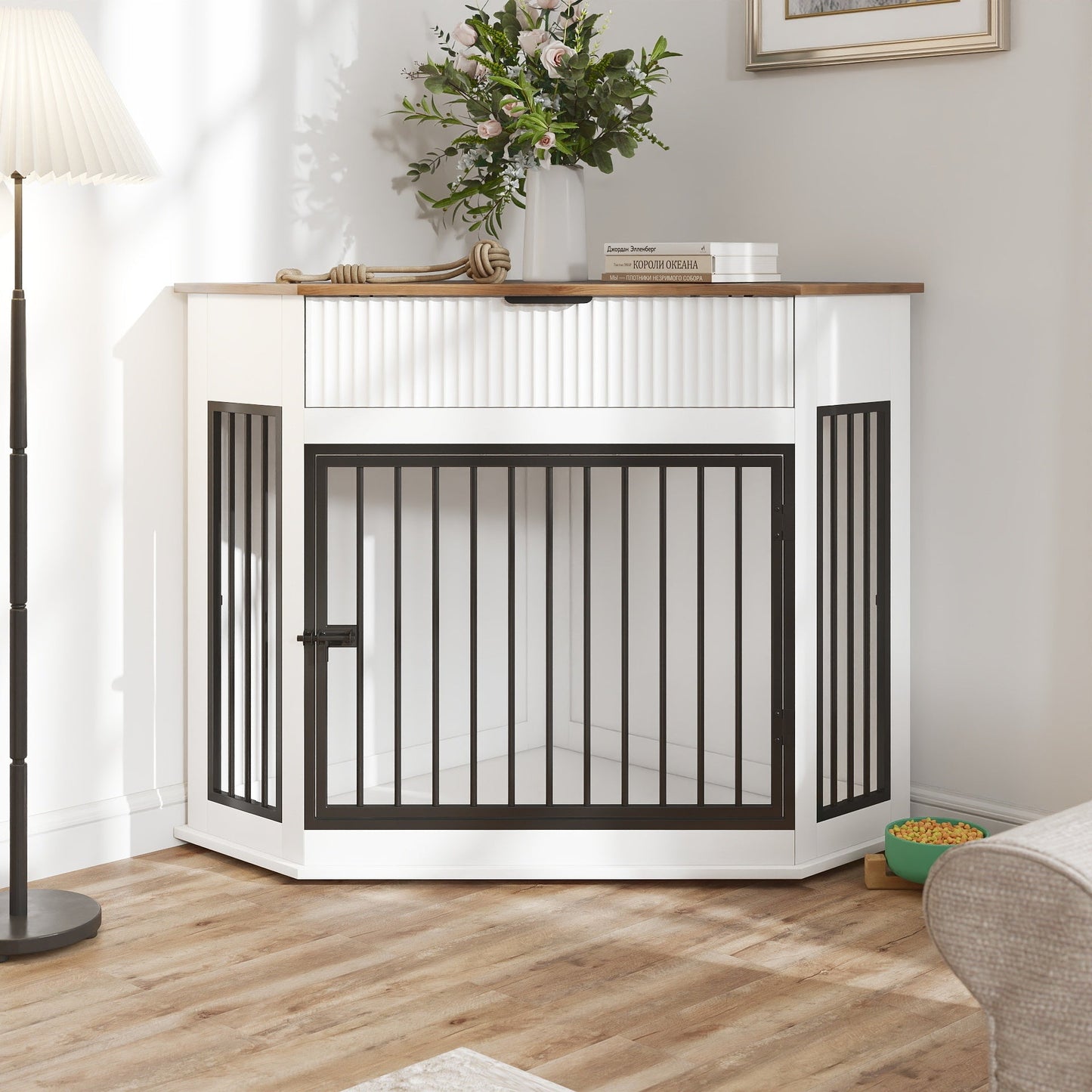 44.6" Corner Dog Crate Furniture with Fluted Drawer – MDF Wooden Dog
