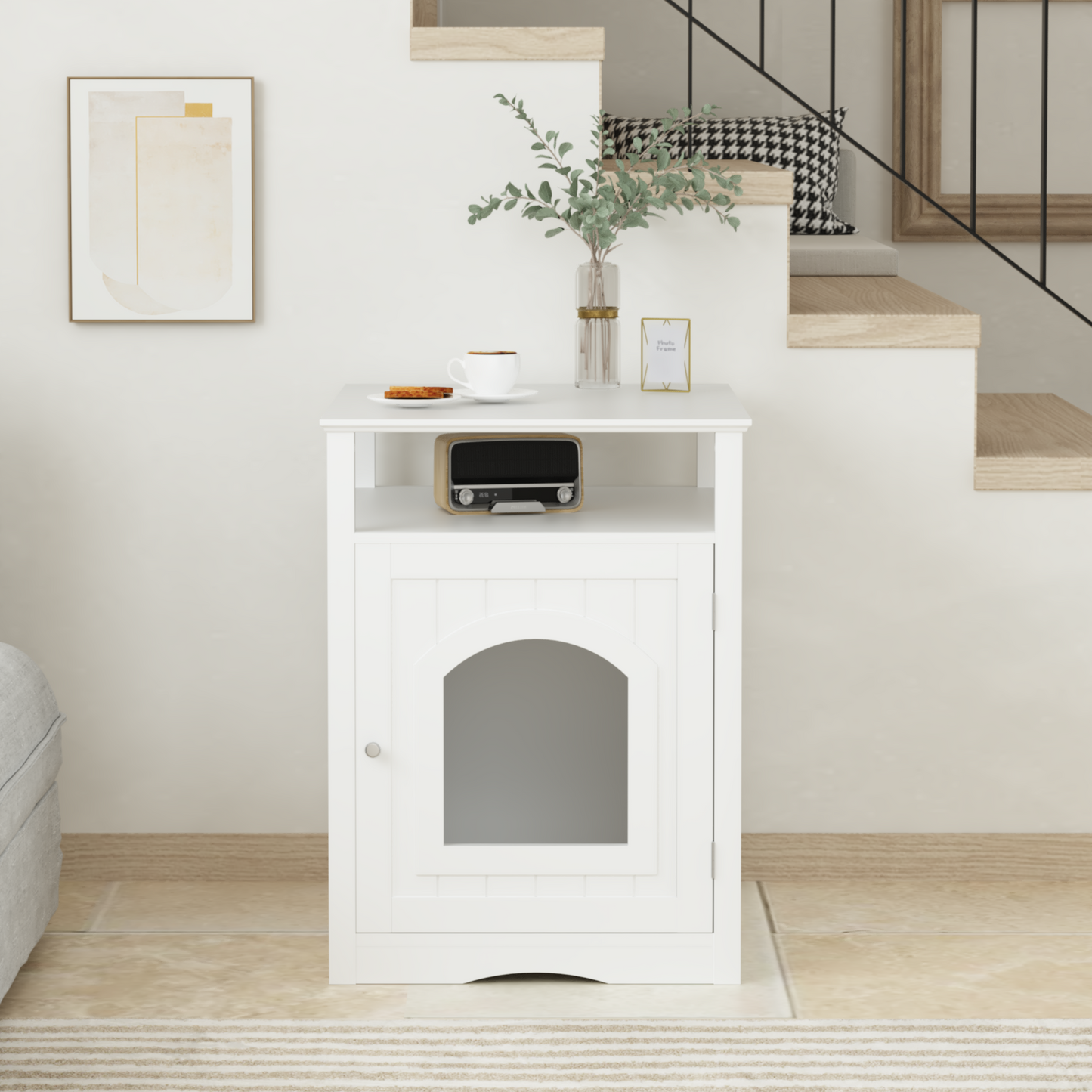 Modern Cat Litter Box Enclosure Furniture – White Wooden Hidden Cat