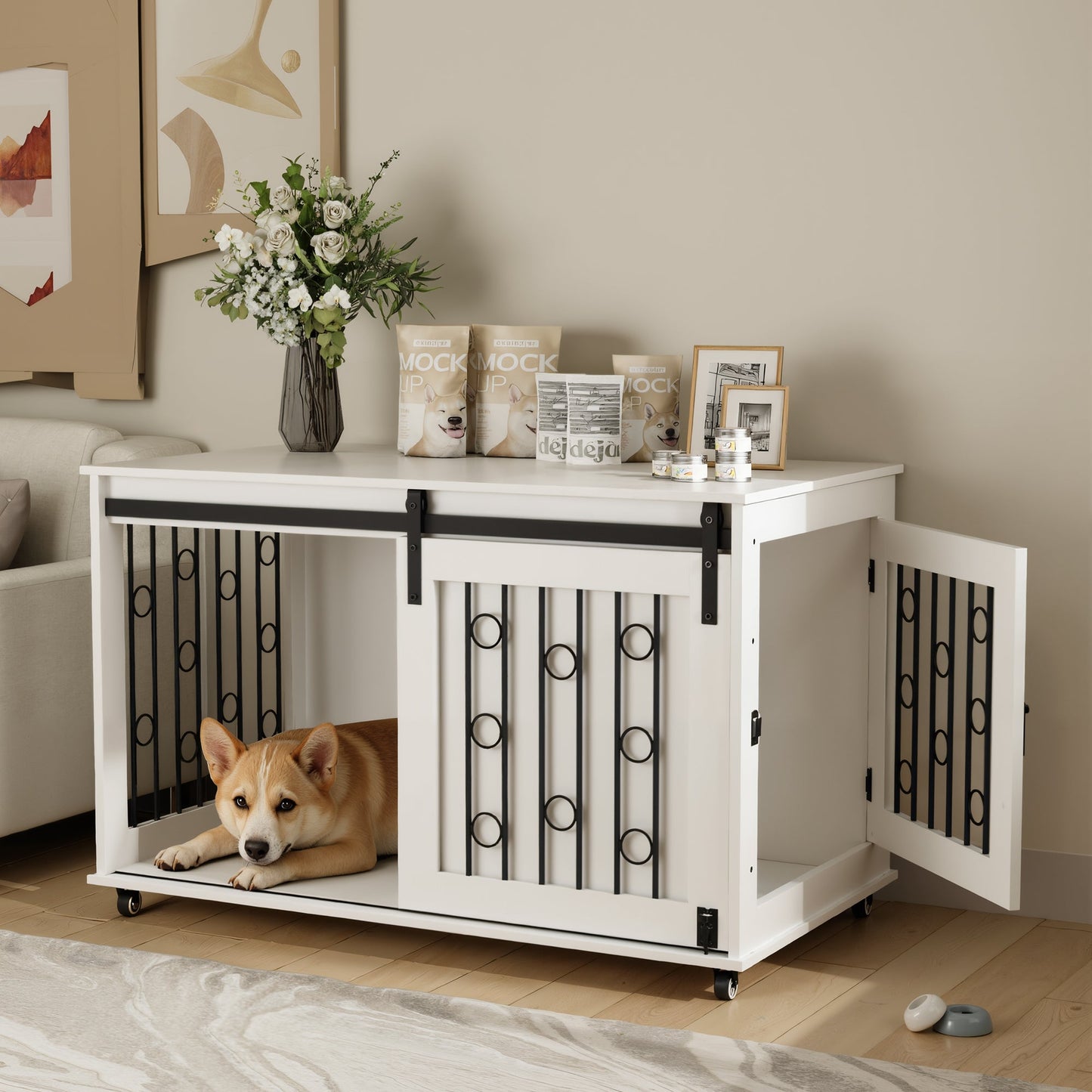 Modern Wooden Dog Crate Furniture with Sliding Barn Door – MDF Indoor