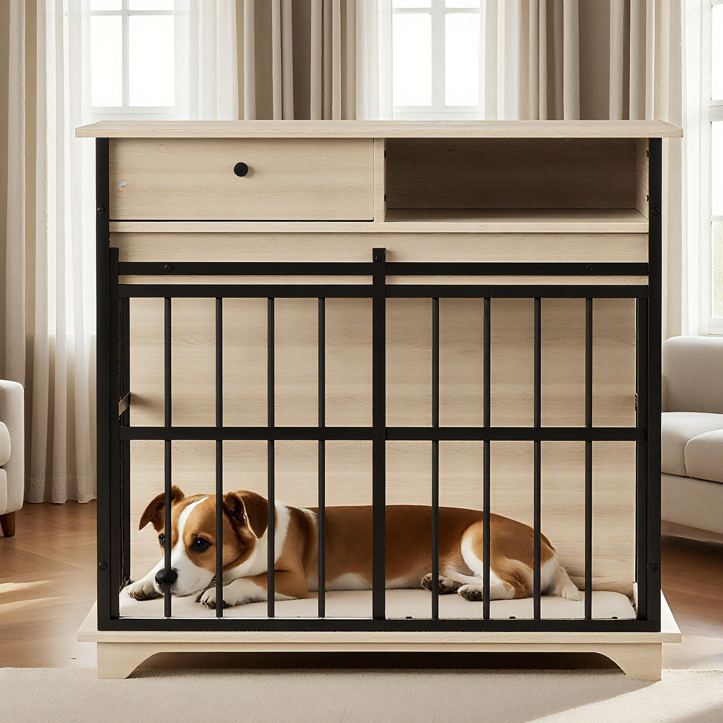 Modern Wooden Dog Crate Furniture with Tray, Large Indoor Pet Kennel