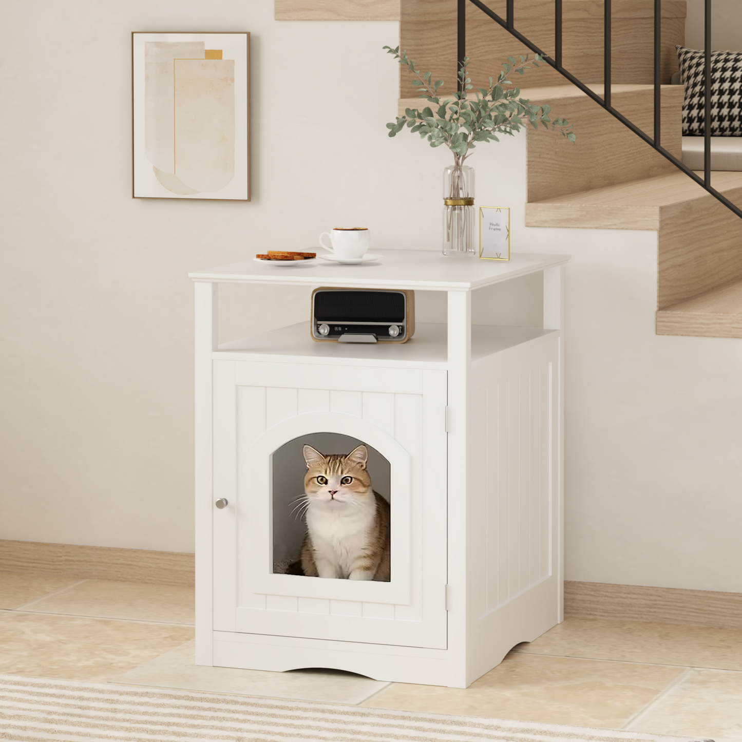 Modern Cat Litter Box Enclosure Furniture – White Wooden Hidden Cat