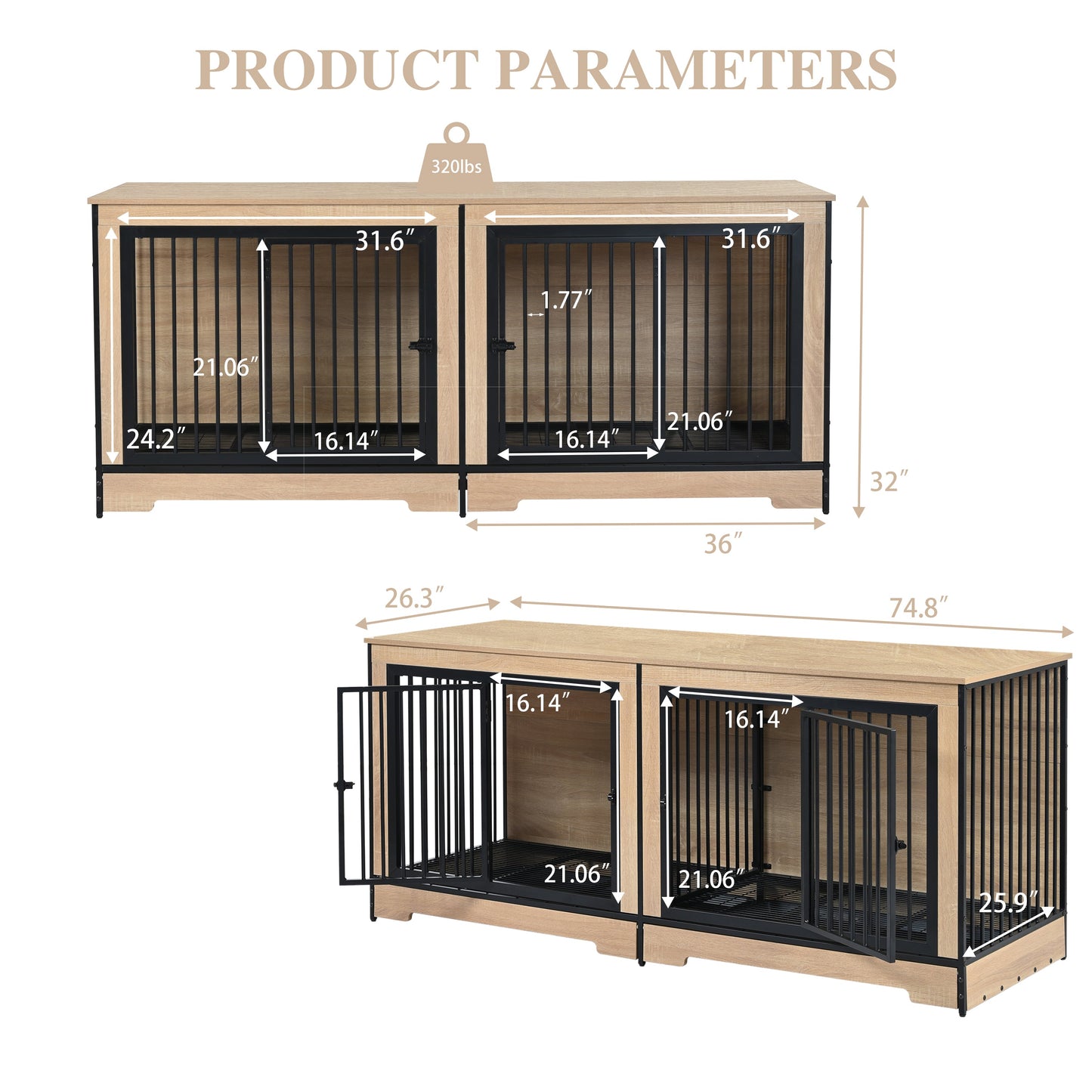 XL Double Dog Crate Furniture – Wooden Dog Kennel with Two
