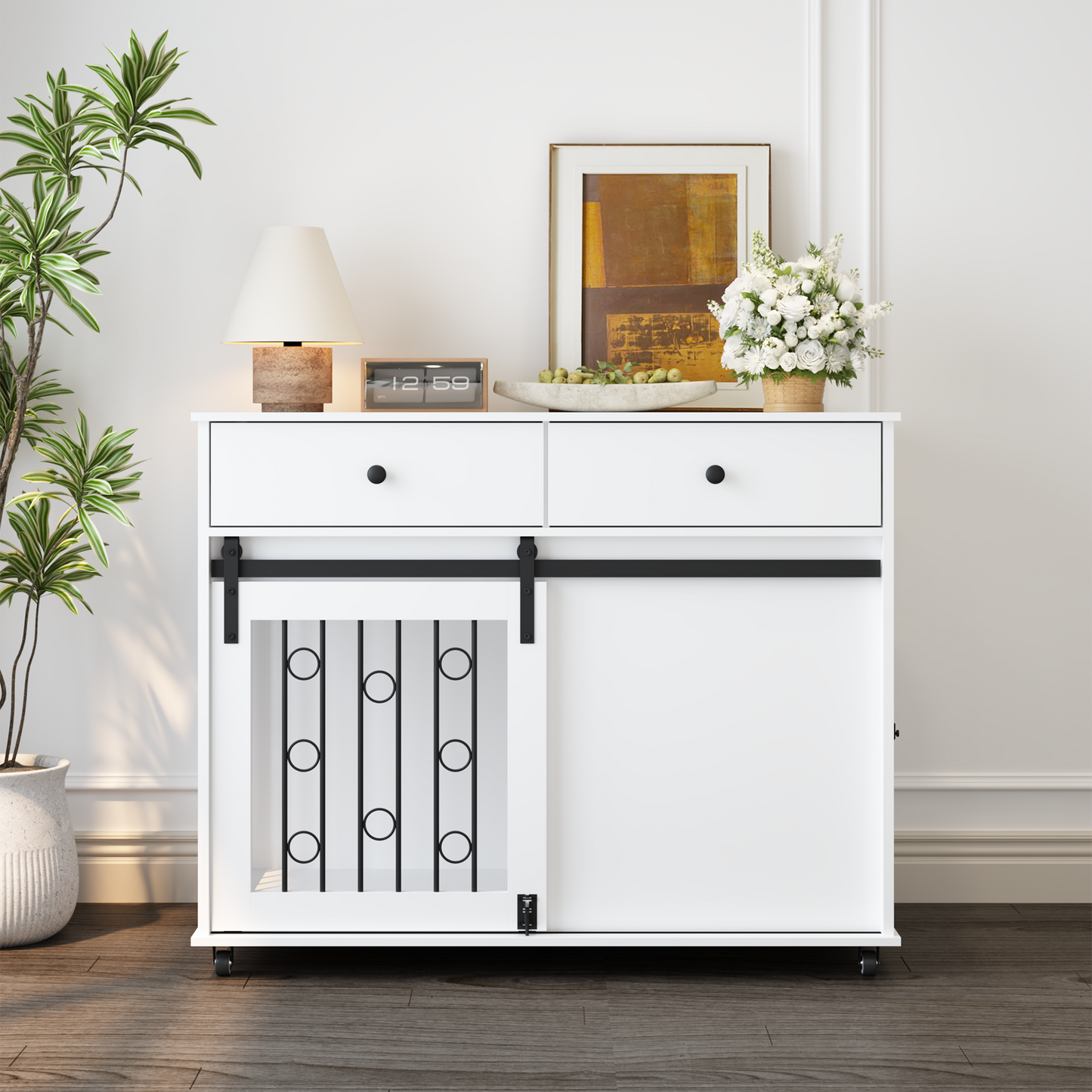 Modern Wooden Dog Crate Furniture with Sliding Barn Door – MDF Indoor