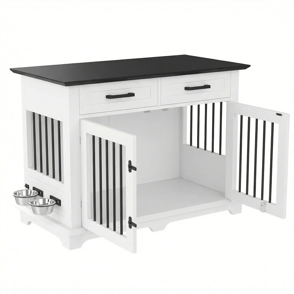 44.48" Wooden Dog Crate Furniture with Storage Drawers and Rotating