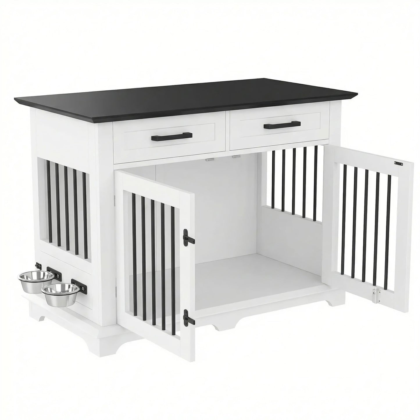 44.48" Wooden Dog Crate Furniture with Storage Drawers and Rotating