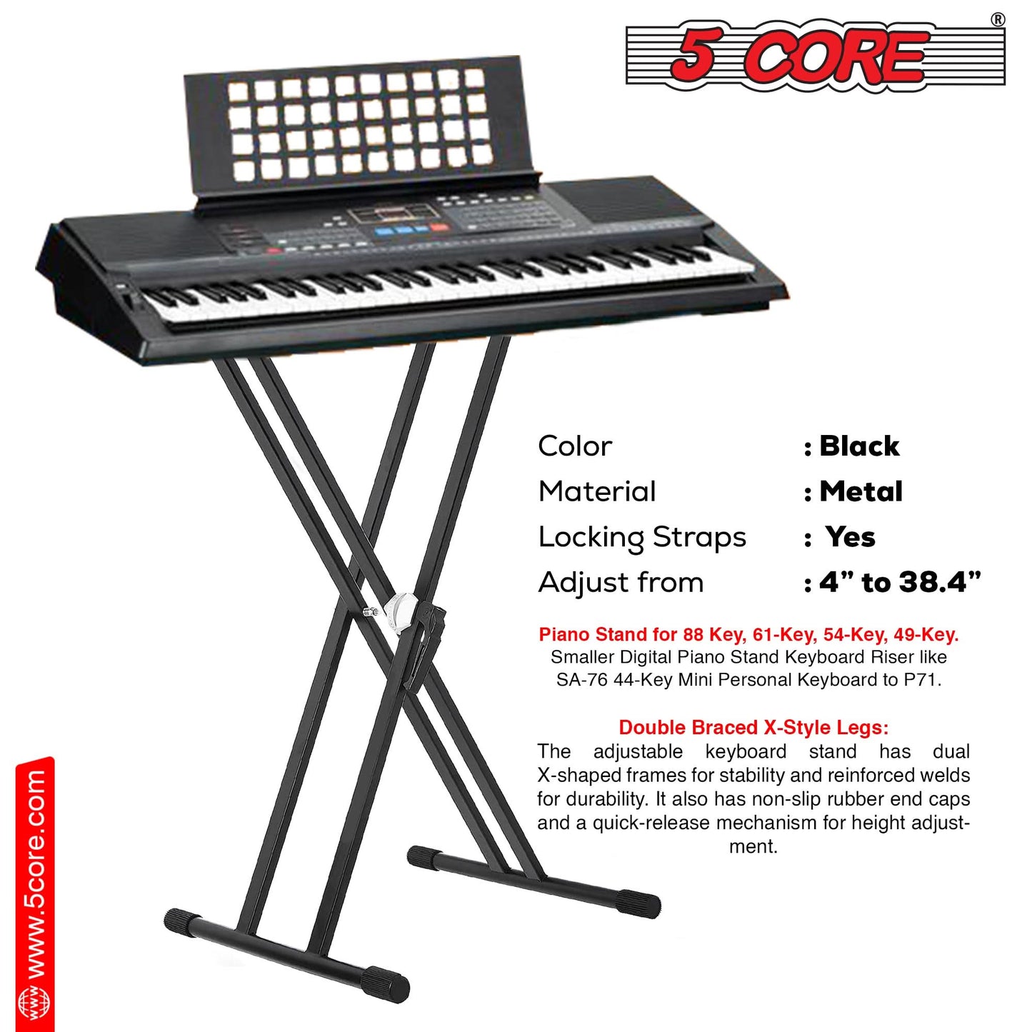 5Core Keyboard Stand Double X Style Adjustable Piano Riser For 49 To