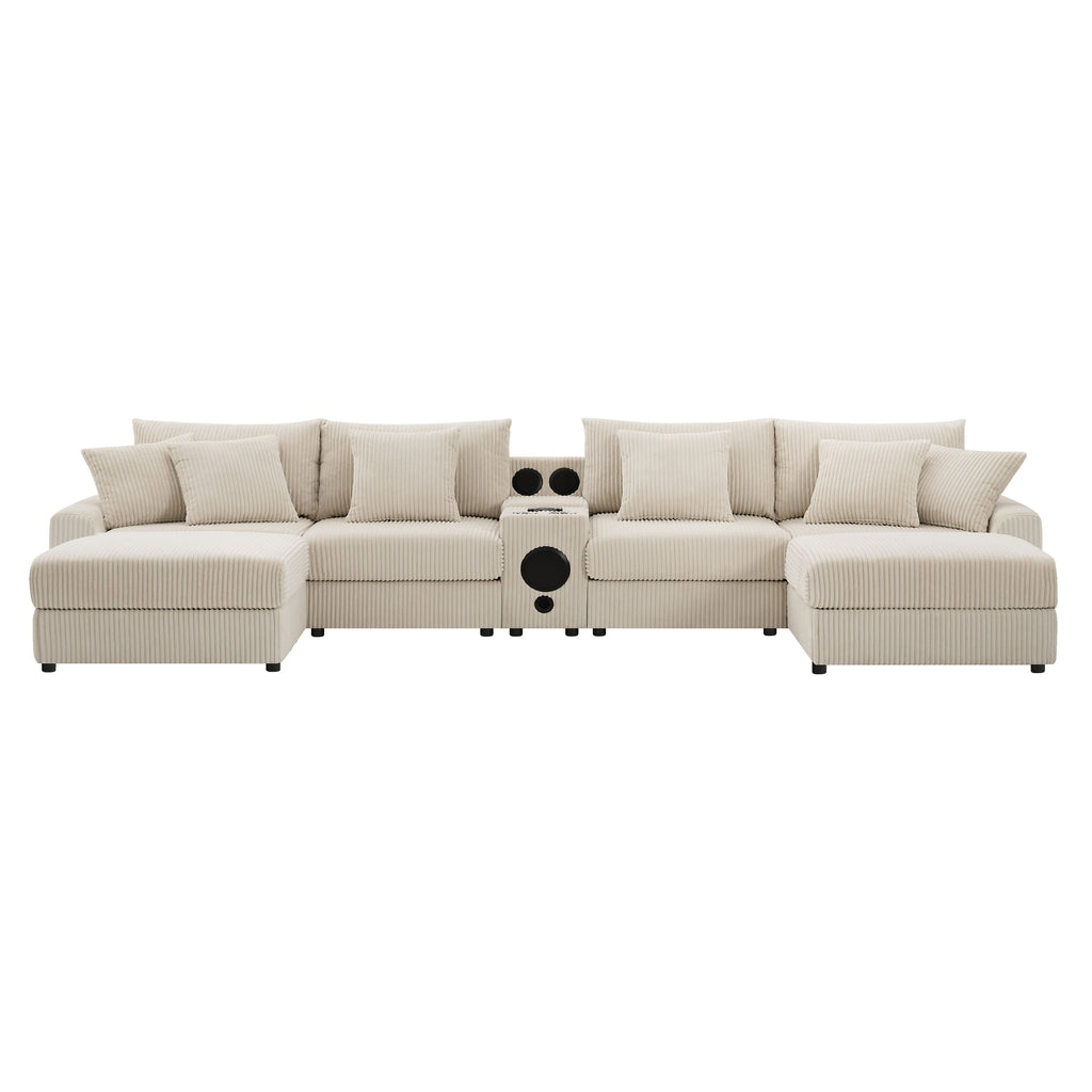 [VIDEO]141.5*64'' Corduroy Sectional Sofa with Bluetooth Speakers,