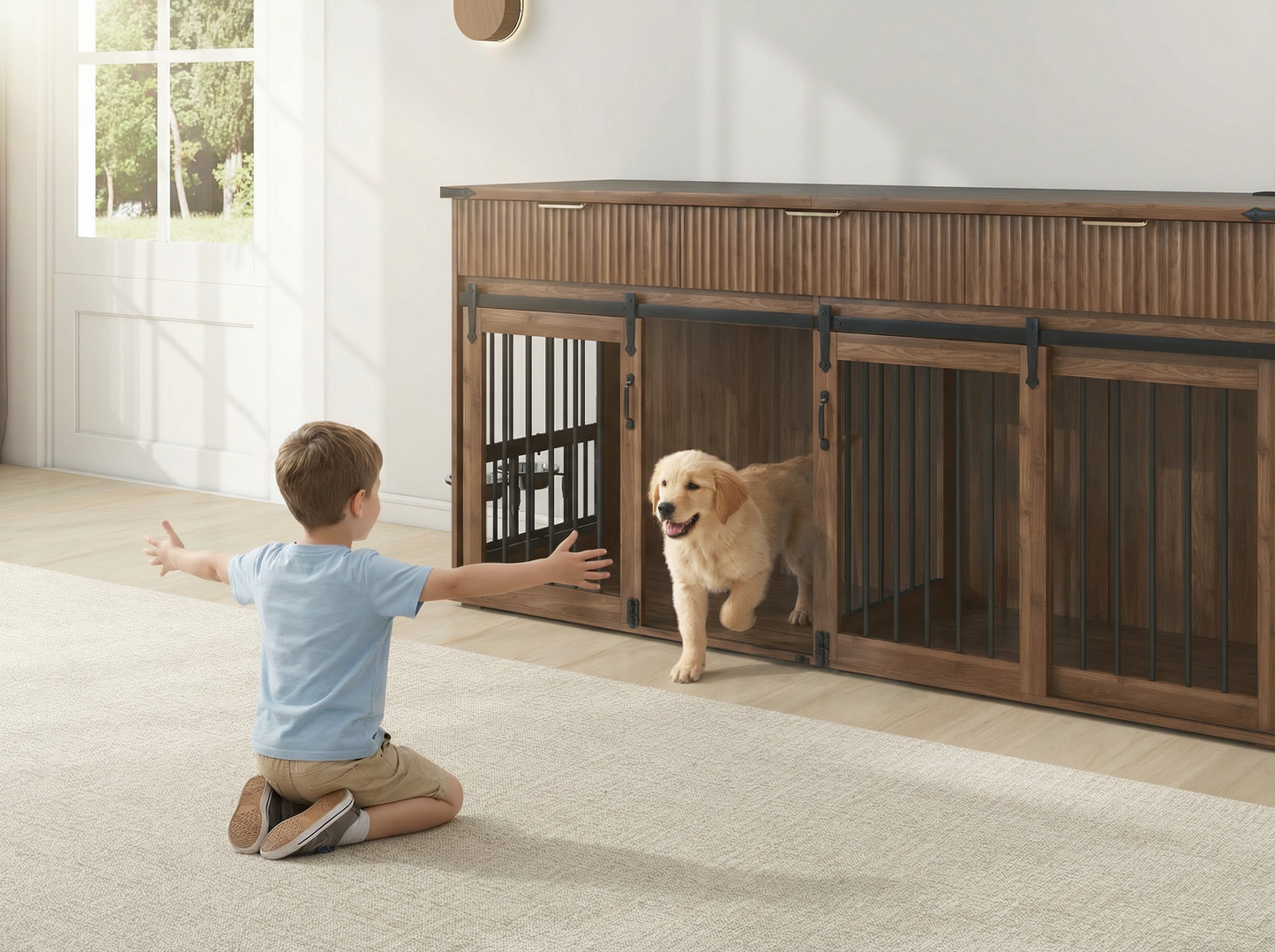 71" Double Dog Crate Furniture with Fluted Drawers – Large Wooden Dog