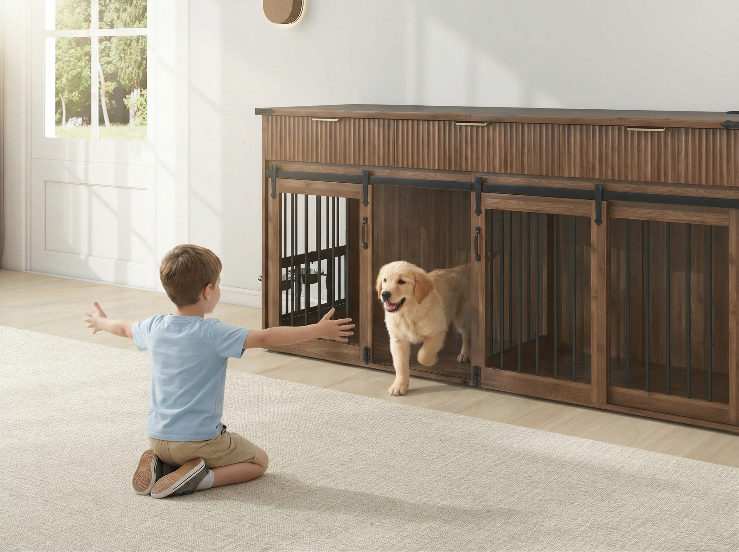 71" Double Dog Crate Furniture with Fluted Drawers – Large Wooden Dog