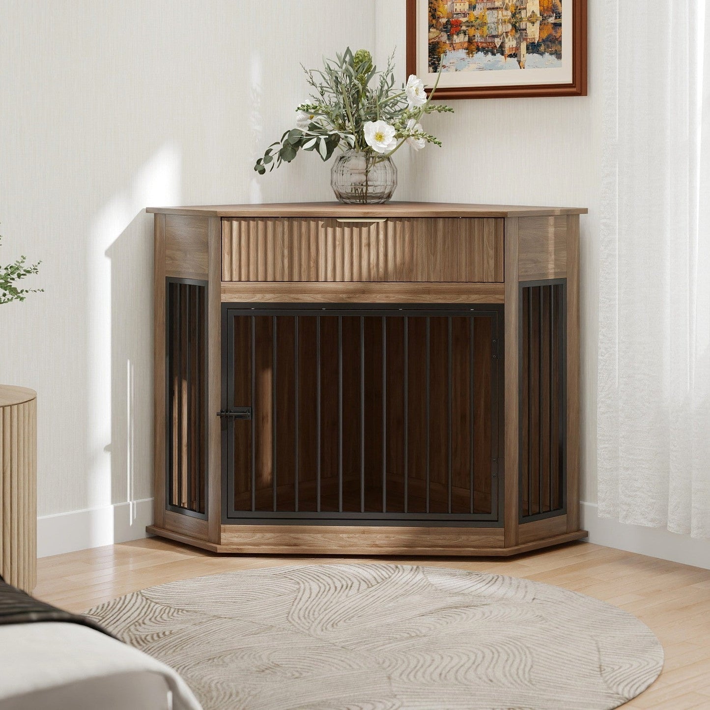 44.6" Corner Dog Crate Furniture with Fluted Drawer – MDF Wooden Dog