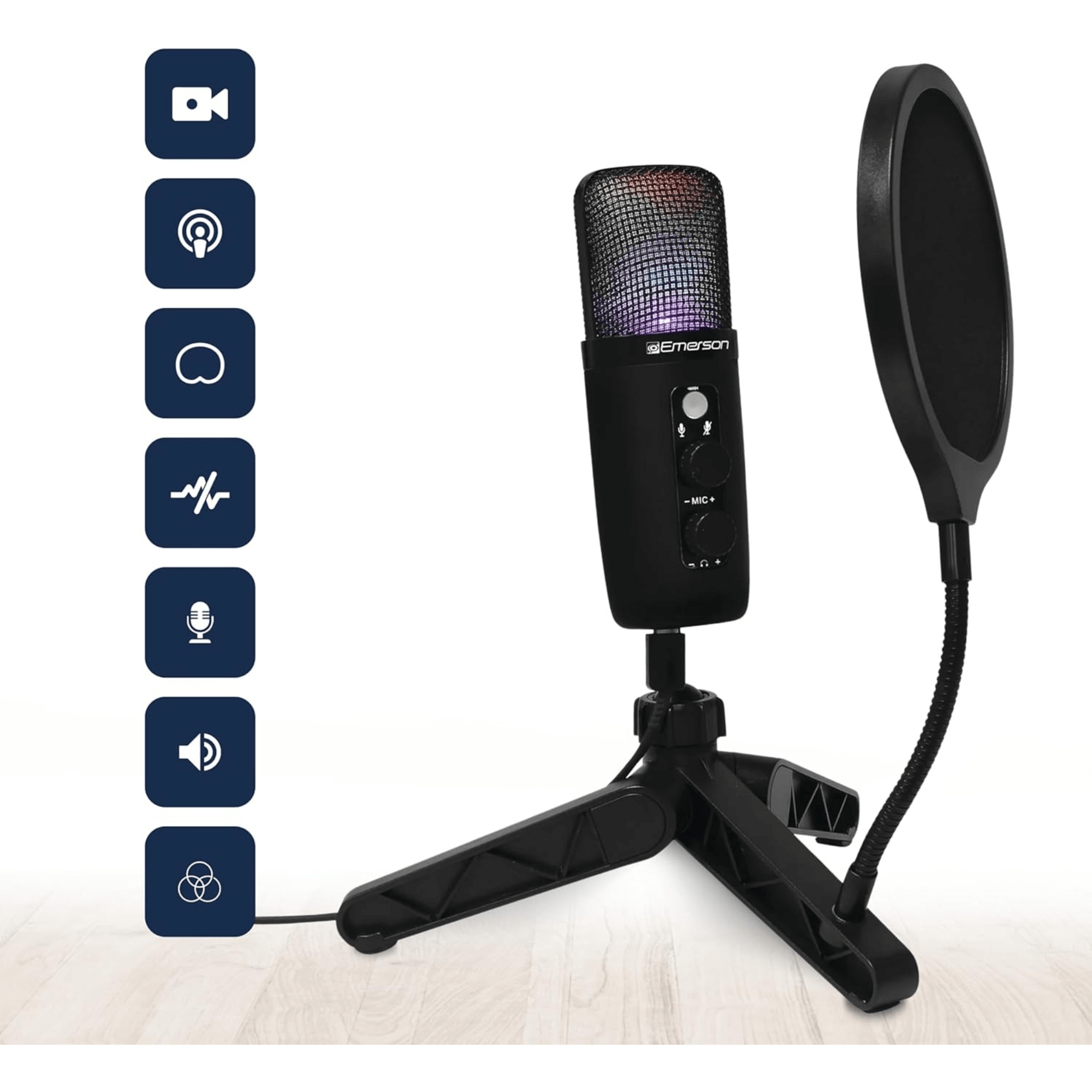 Emerson USB Gaming and Streaming Condenser Microphone with LED