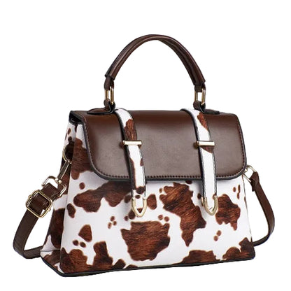 Fredecong Women's Cow Print PU Leather Satchel Bag - Vintage Top-Handle Purse