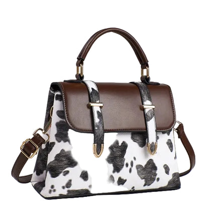 Fredecong Women's Cow Print PU Leather Satchel Bag - Vintage Top-Handle Purse
