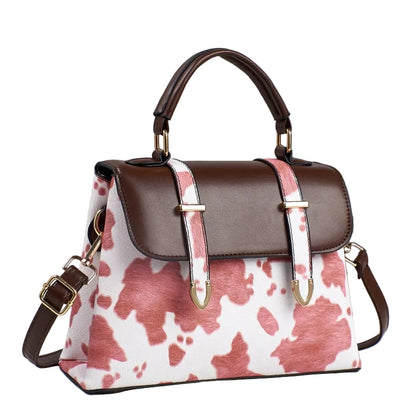 Fredecong Women's Cow Print PU Leather Satchel Bag - Vintage Top-Handle Purse