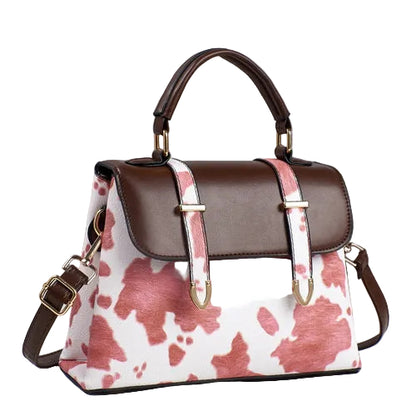Fredecong Women's Cow Print PU Leather Satchel Bag - Vintage Top-Handle Purse