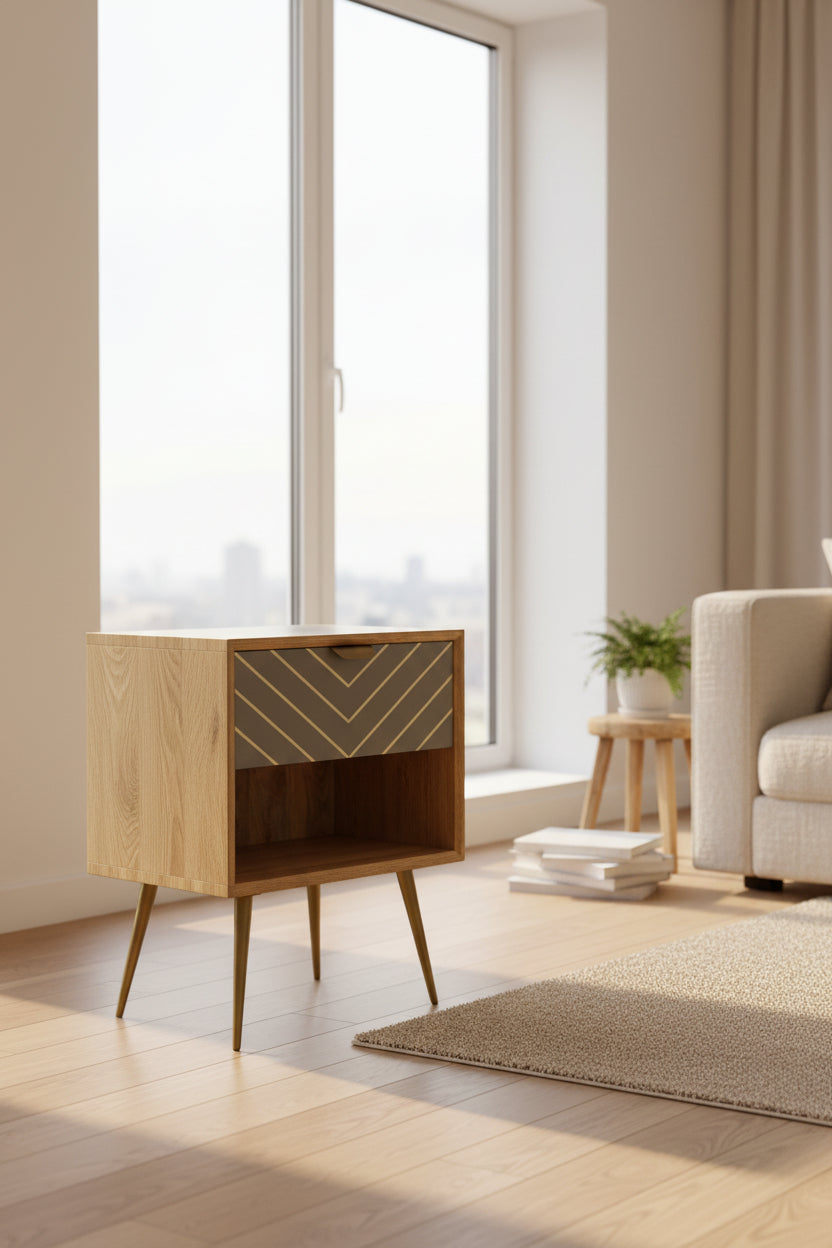 Sleek Cement Brass Inlay Bedside with Open Slot