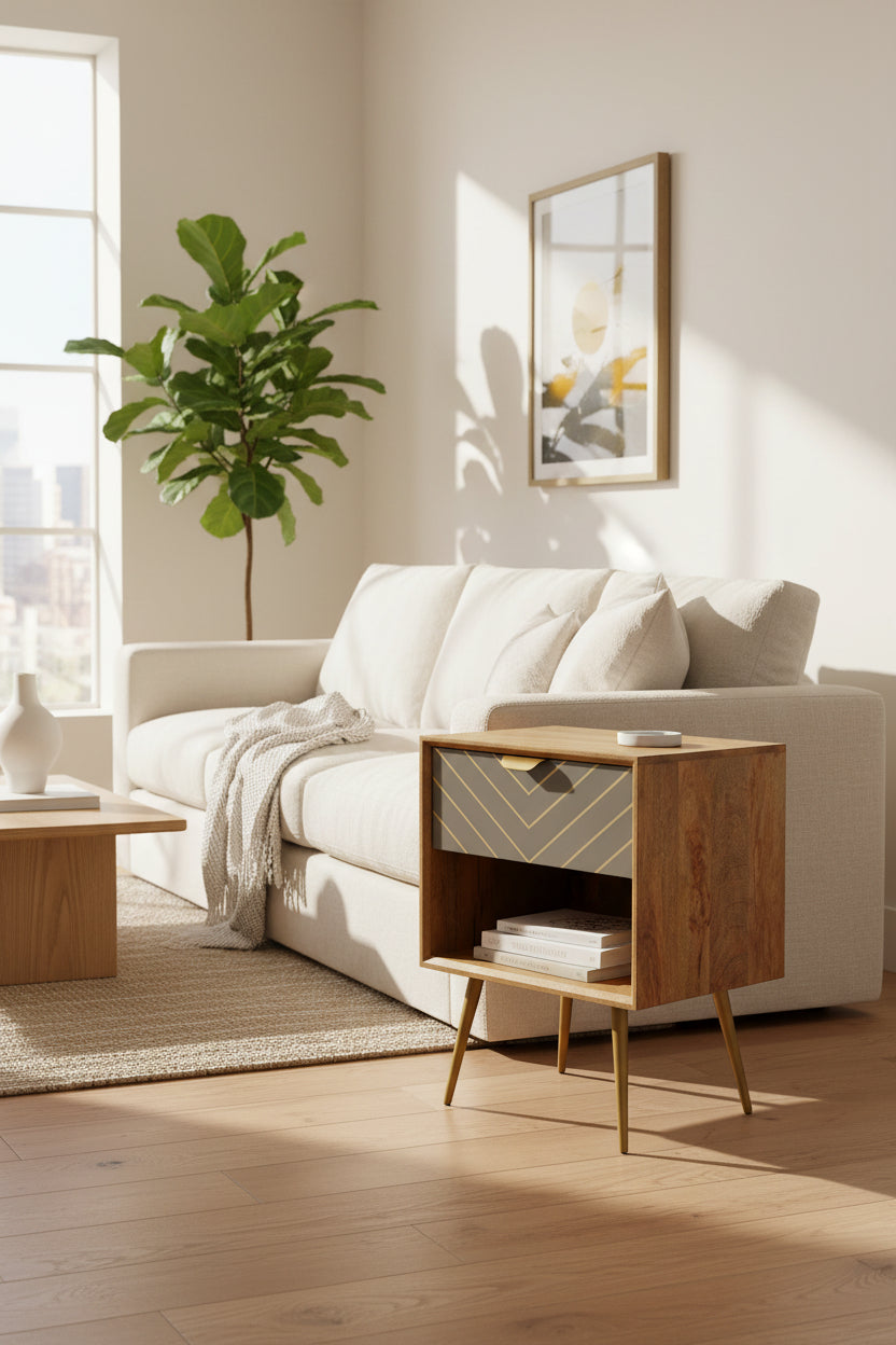 Sleek Cement Brass Inlay Bedside with Open Slot