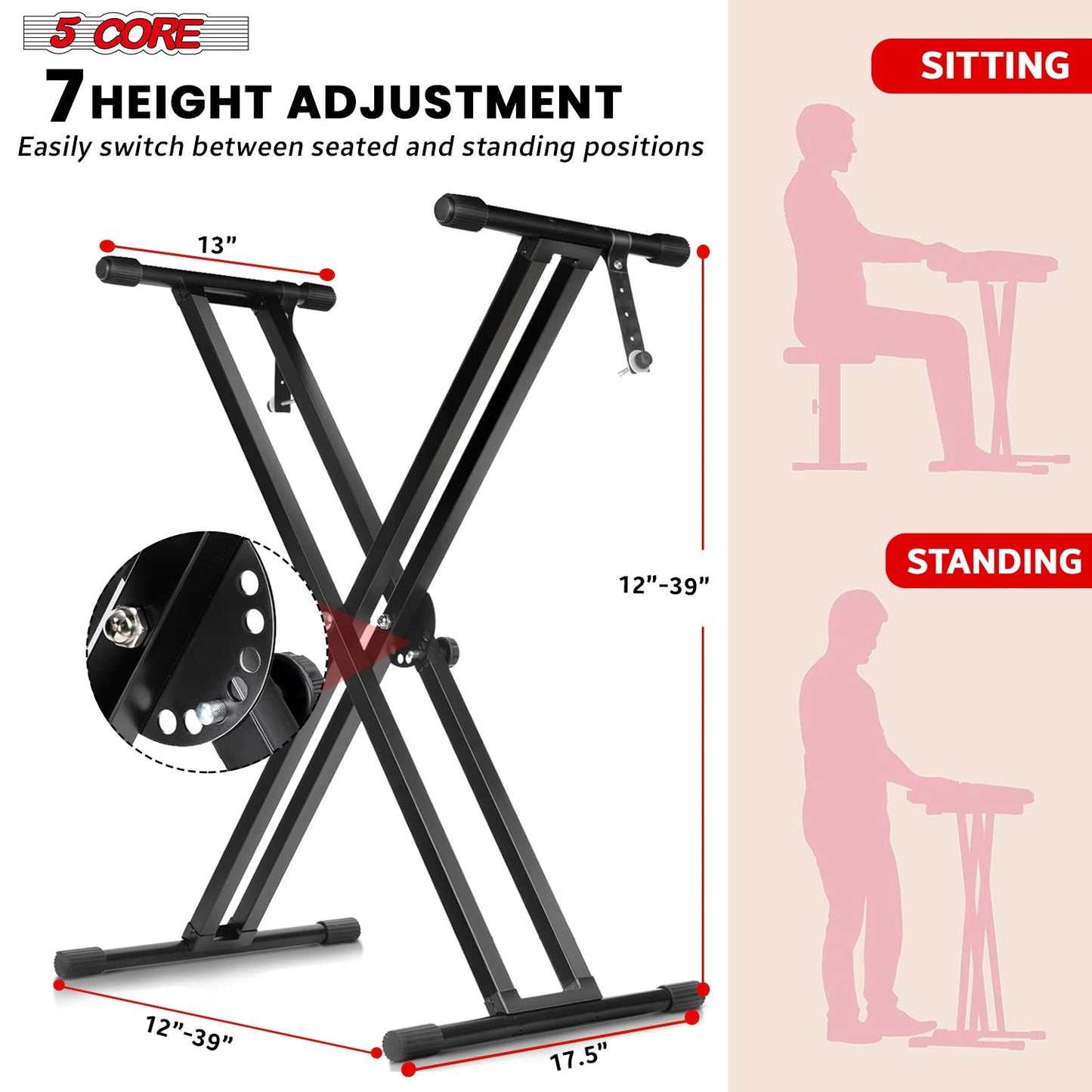 5Core Keyboard Stand Double X Style Adjustable Lift Piano Riser For 49