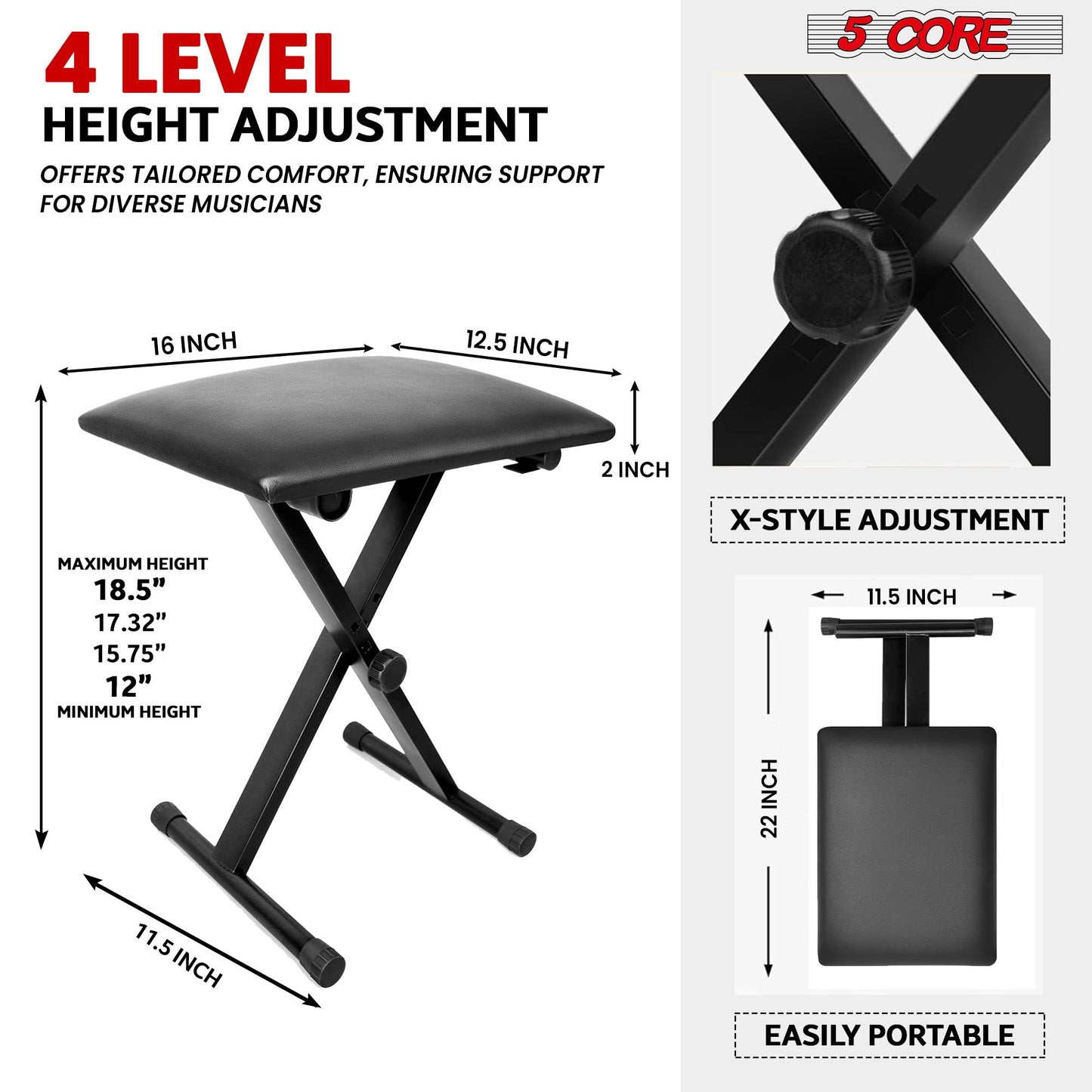 5Core Keyboard Stand Adjustable z Style Piano Riser BLACK + Keyboard