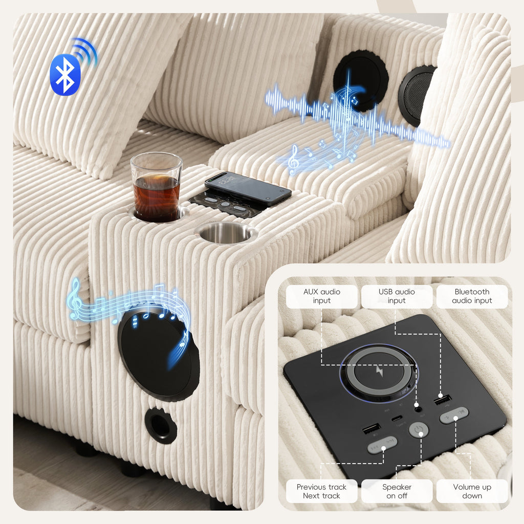 [VIDEO]141.5*64'' Corduroy Sectional Sofa with Bluetooth Speakers,