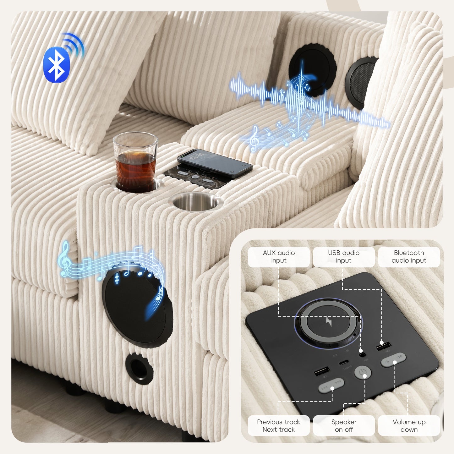 [VIDEO]141.5*64'' Corduroy Sectional Sofa with Bluetooth Speakers,
