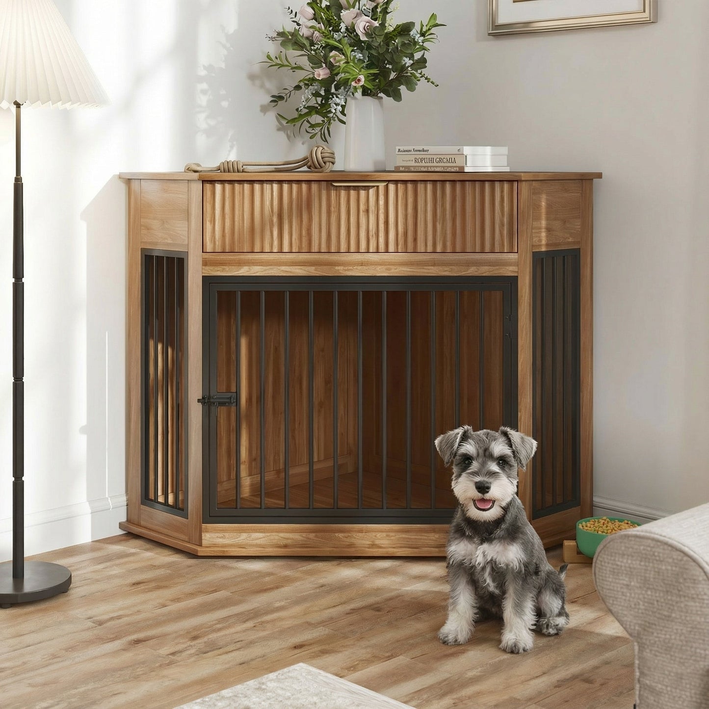 44.6" Corner Dog Crate Furniture with Fluted Drawer – MDF Wooden Dog