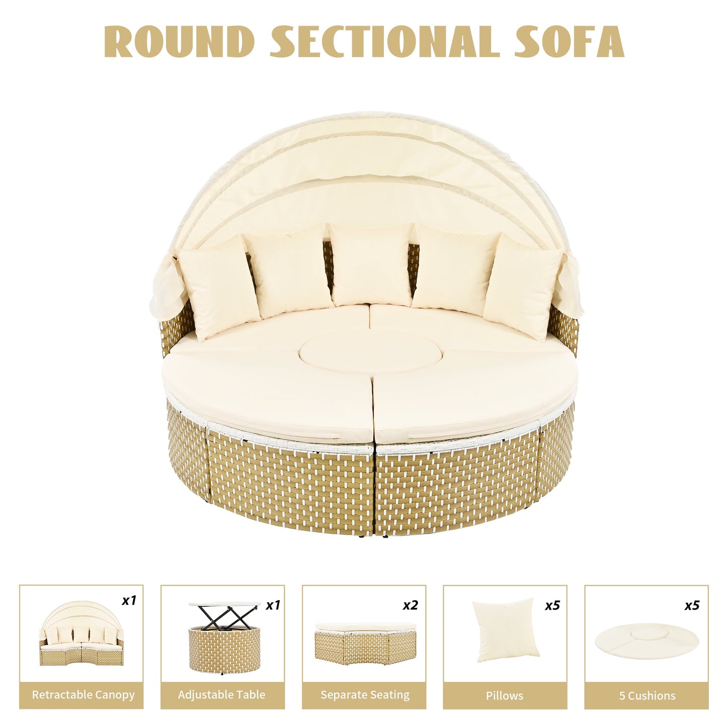 Patio Furniture Round Outdoor Sectional Sofa Set Rattan Daybed