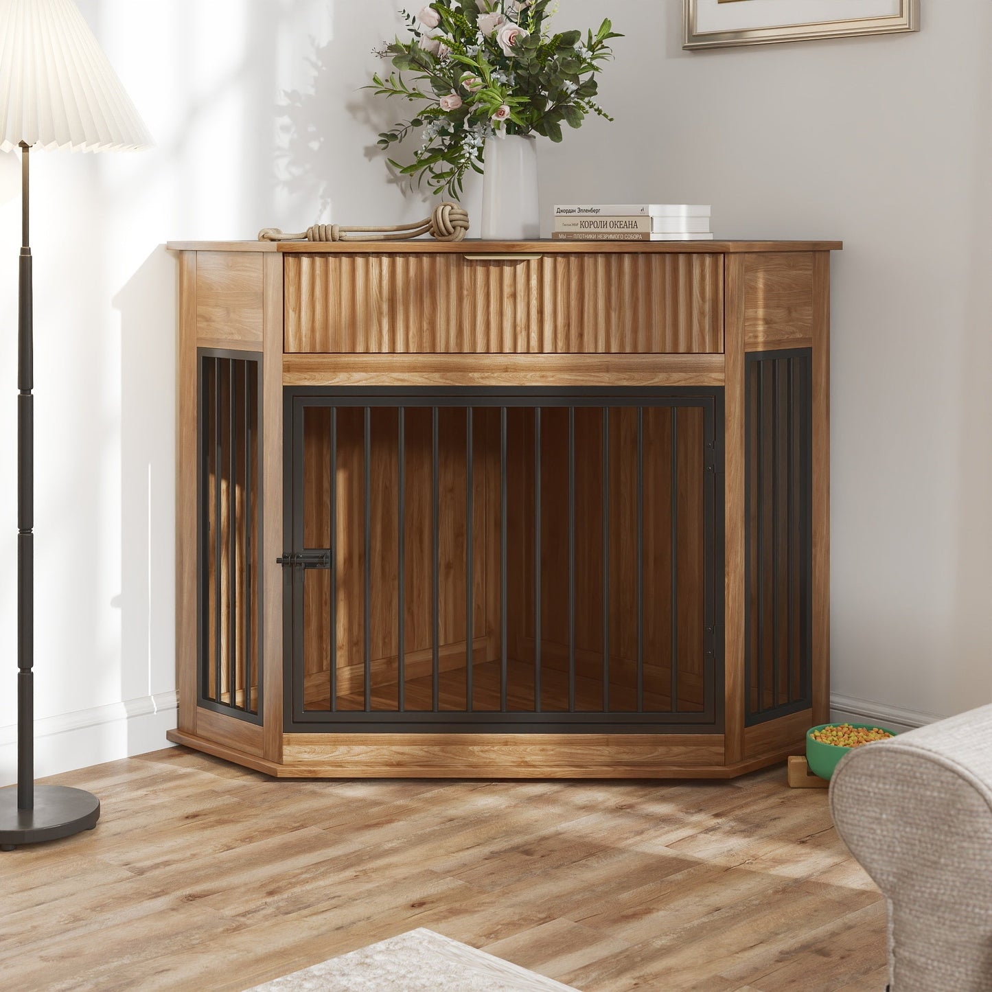 44.6" Corner Dog Crate Furniture with Fluted Drawer – MDF Wooden Dog
