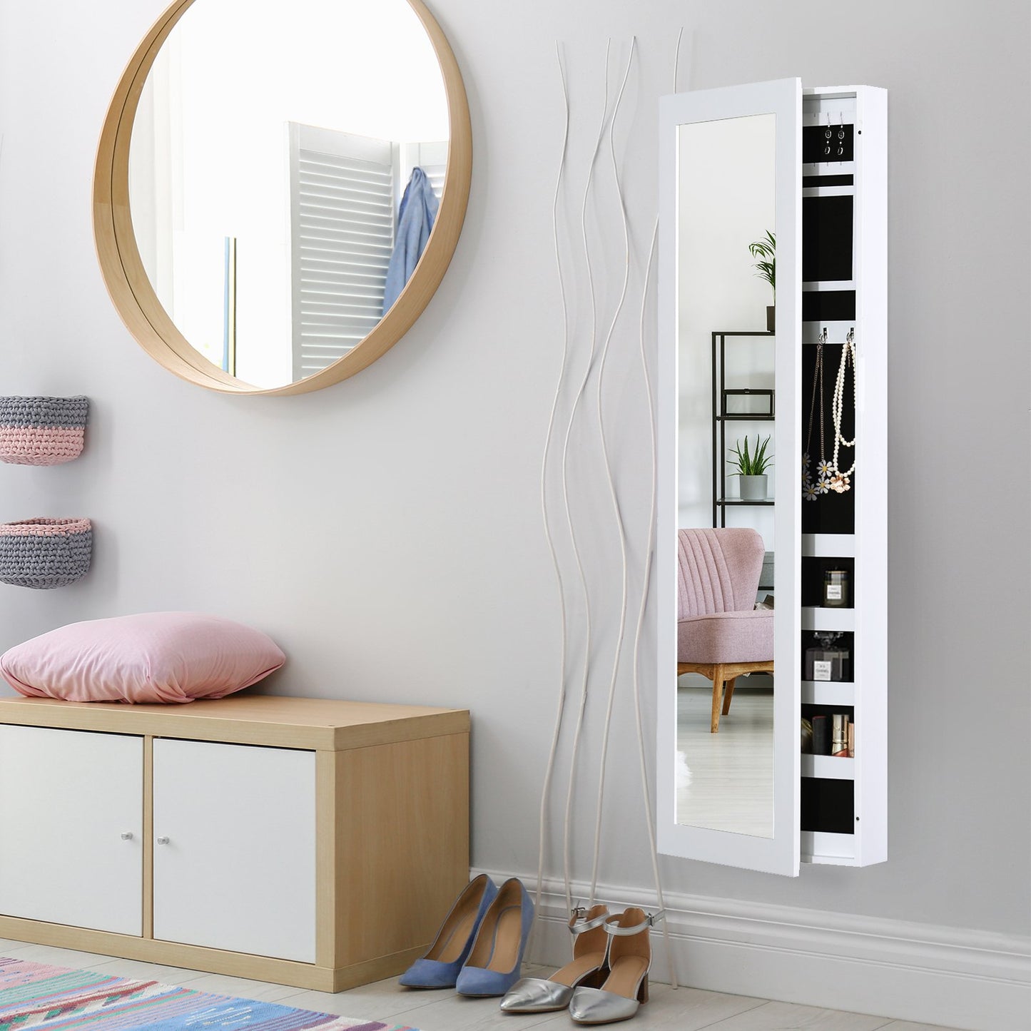 HOMCOM Mirrored Hanging Wall Door Mount Jewelry Cabinet Organizer