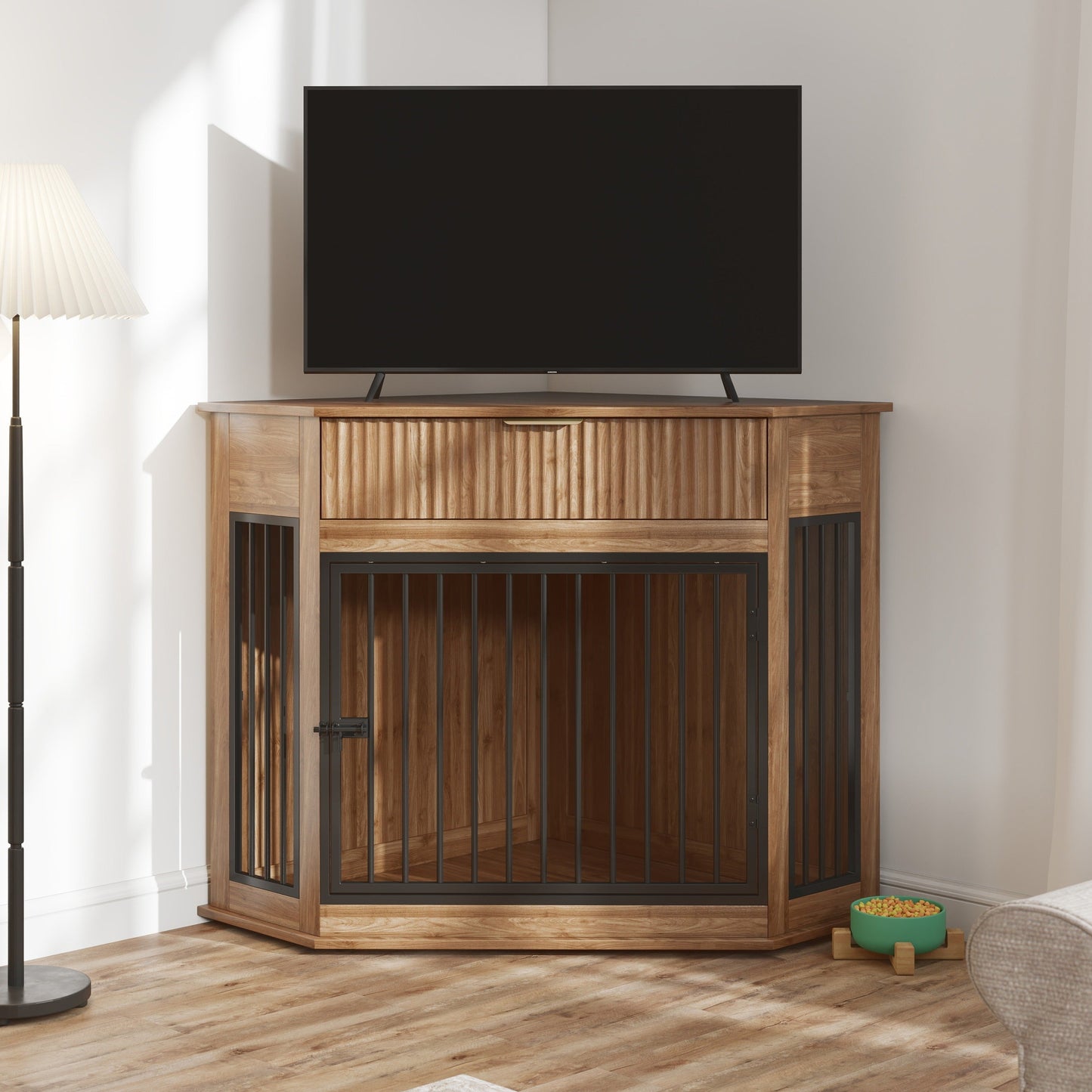 44.6" Corner Dog Crate Furniture with Fluted Drawer – MDF Wooden Dog