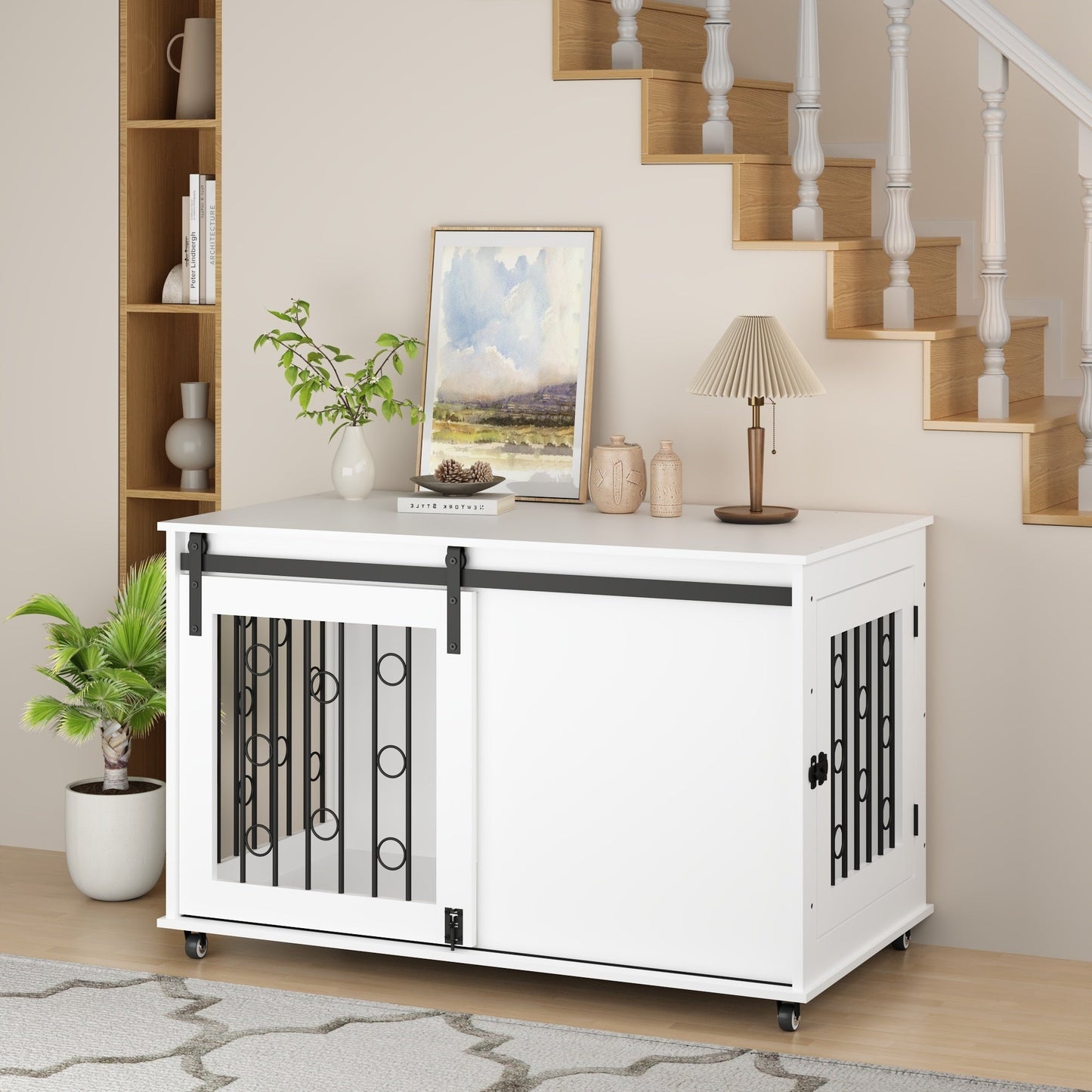 Modern Wooden Dog Crate Furniture with Sliding Barn Door – MDF Indoor