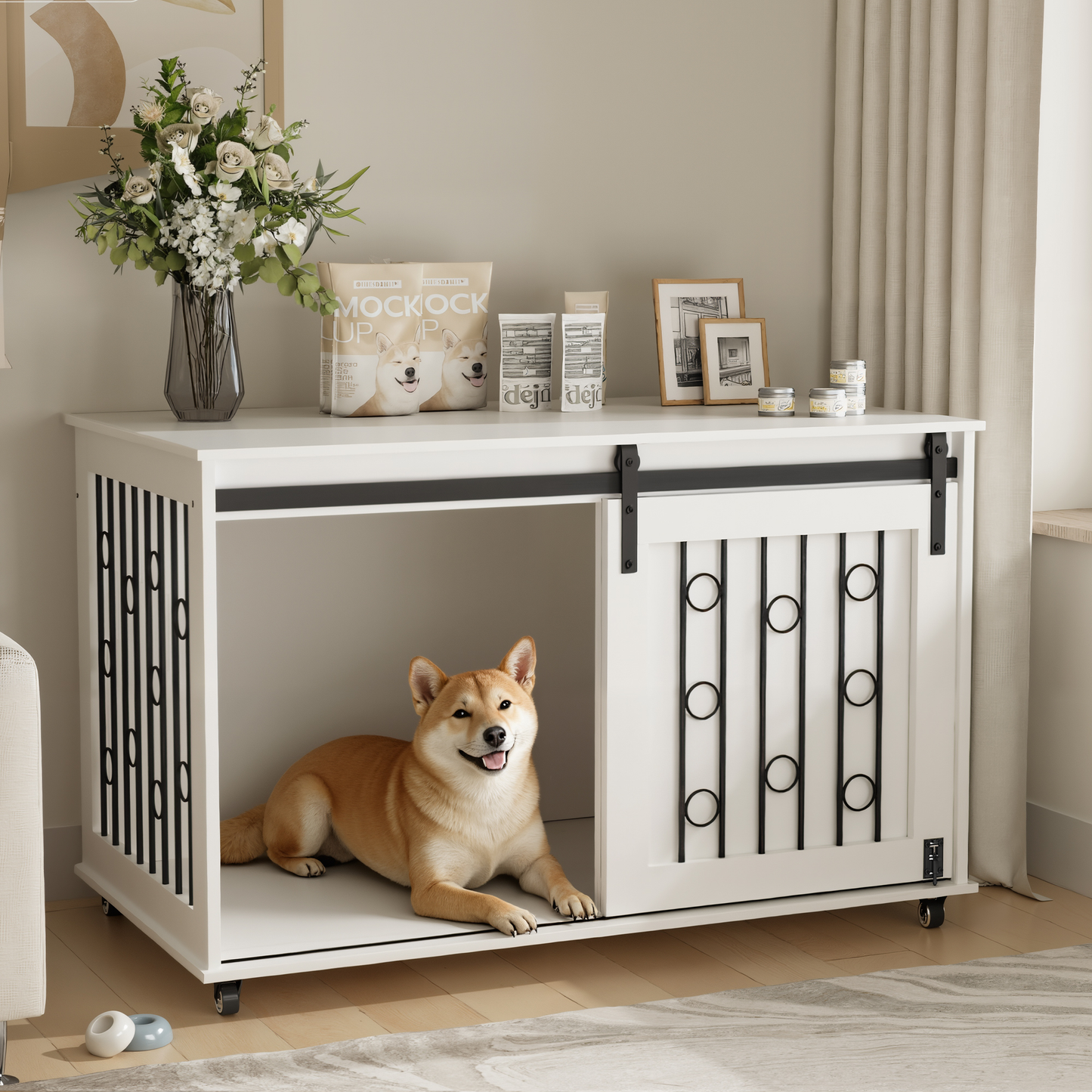 Modern Wooden Dog Crate Furniture with Sliding Barn Door – MDF Indoor