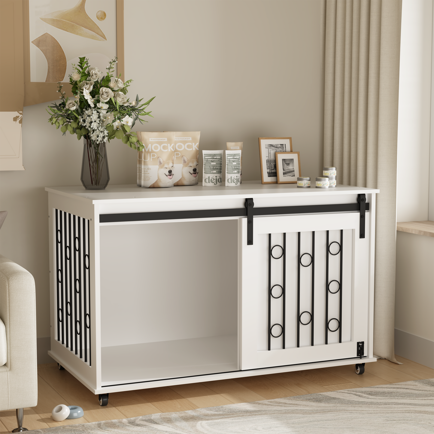 Modern Wooden Dog Crate Furniture with Sliding Barn Door – MDF Indoor