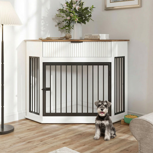 44.6" Corner Dog Crate Furniture with Fluted Drawer – MDF Wooden Dog
