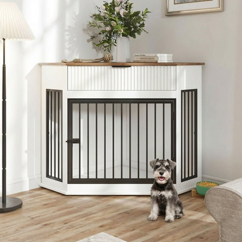 44.6" Corner Dog Crate Furniture with Fluted Drawer – MDF Wooden Dog