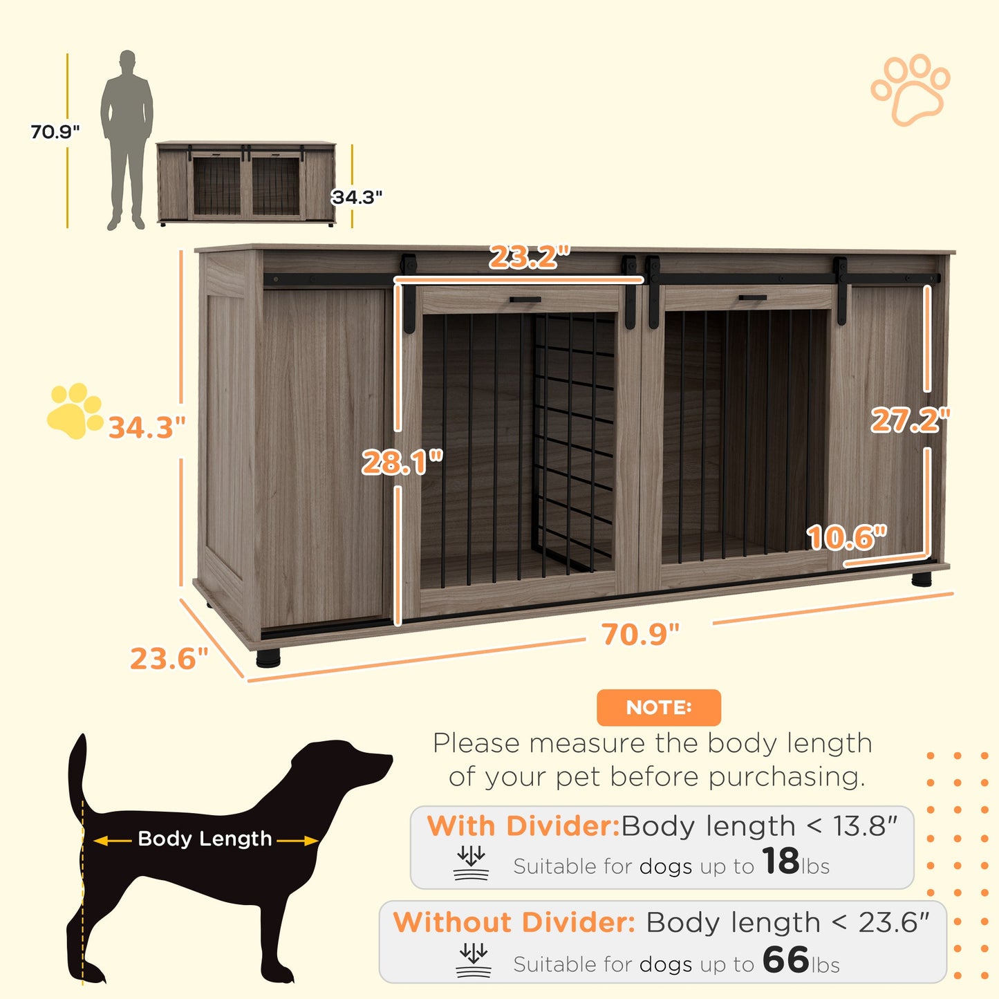 71" Modern Dog Kennel Furniture with Removable Divider, Storage for 2