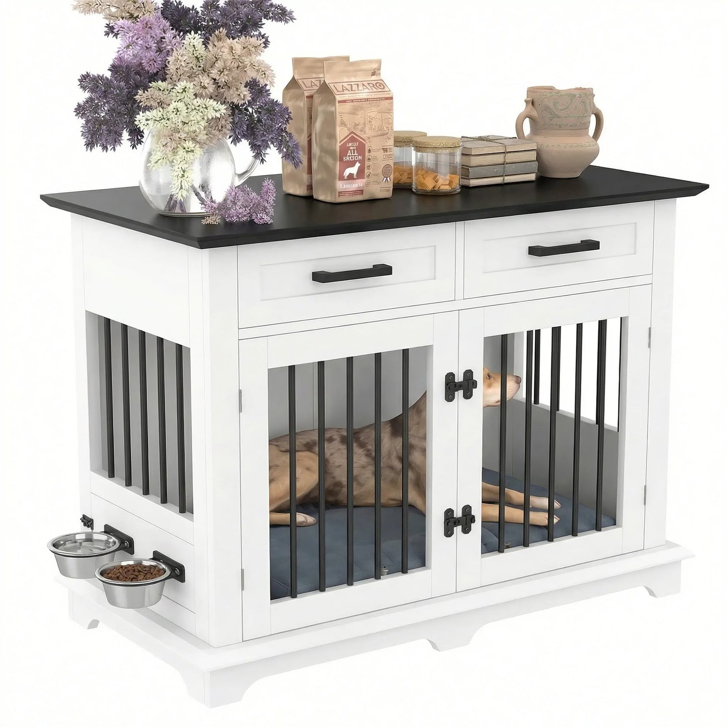 44.48" Wooden Dog Crate Furniture with Storage Drawers and Rotating