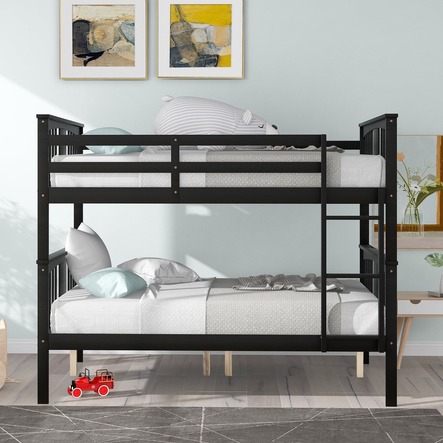 Full over Full Bunk Bed with Ladder for Bedroom, Guest Room Furniture