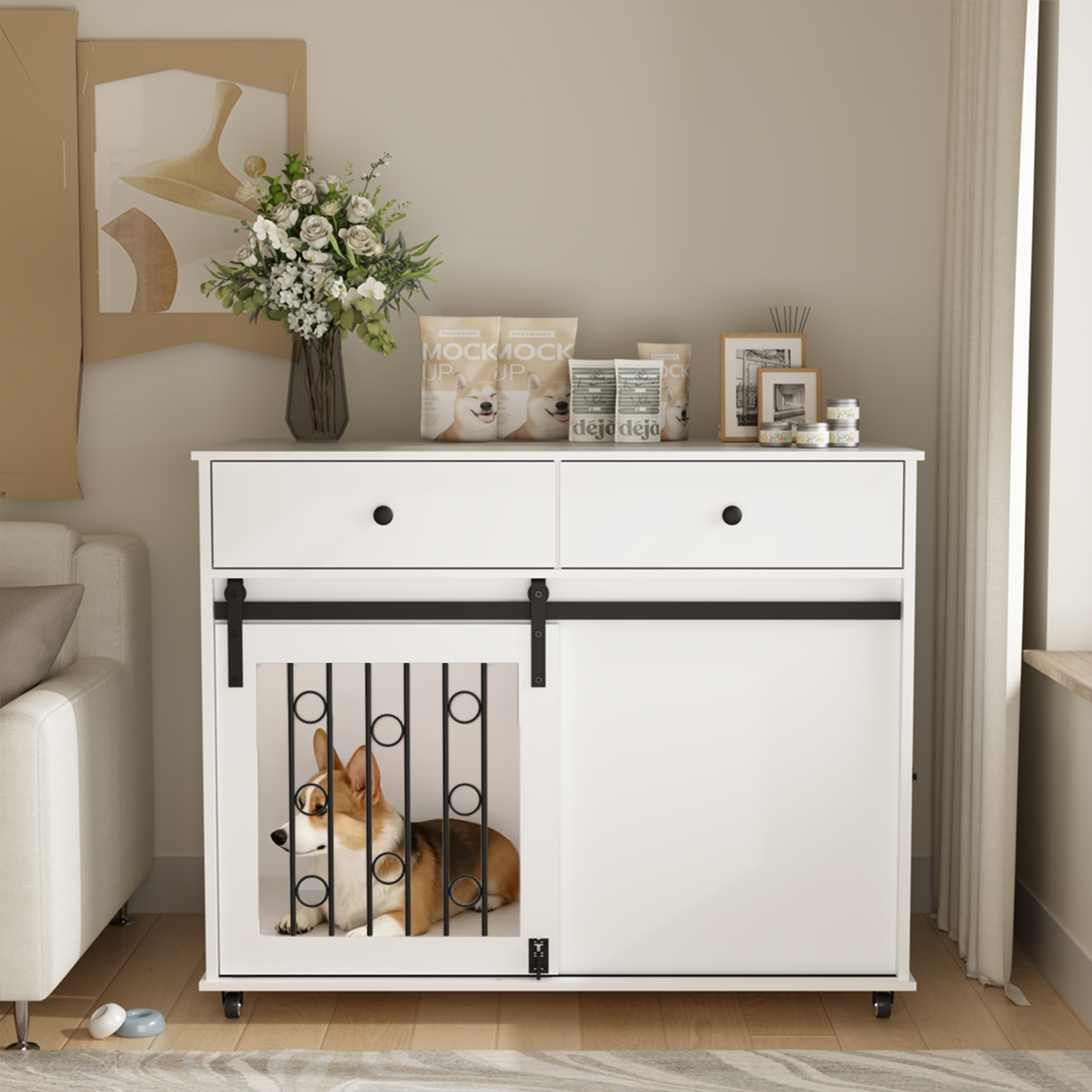 Modern Wooden Dog Crate Furniture with Sliding Barn Door – MDF Indoor