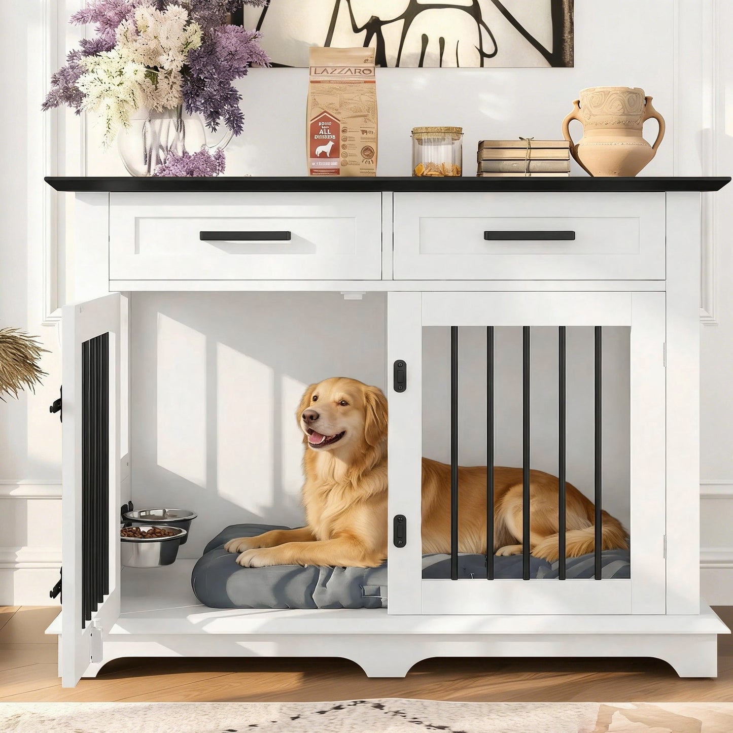 44.48" Wooden Dog Crate Furniture with Storage Drawers and Rotating