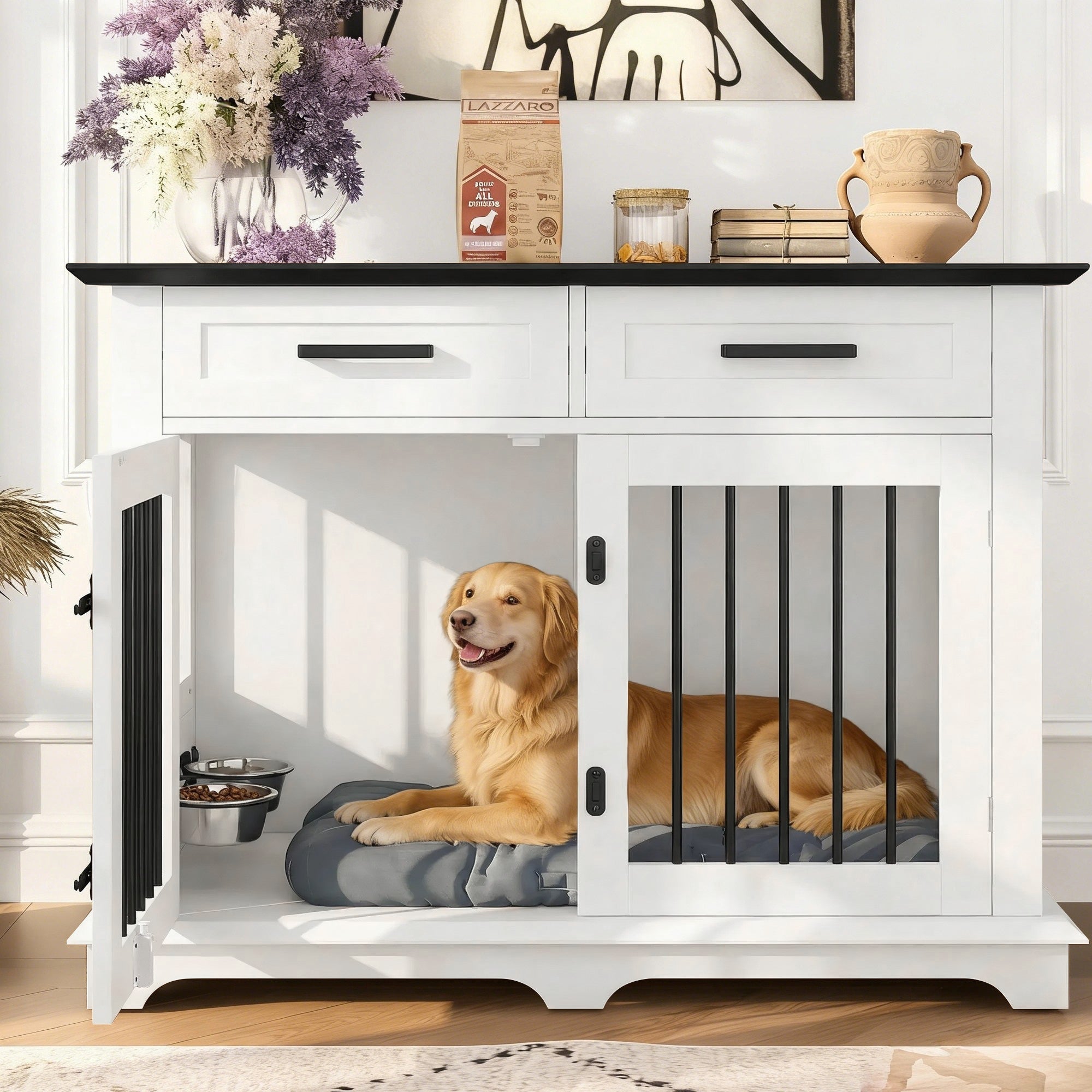 44.48" Wooden Dog Crate Furniture with Storage Drawers and Rotating
