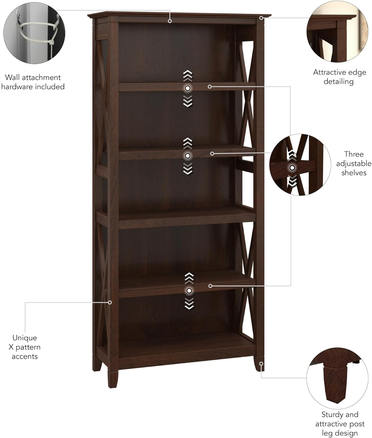 Bush Furniture Tall 5 Shelf Bookcase Bing Cherry Finish