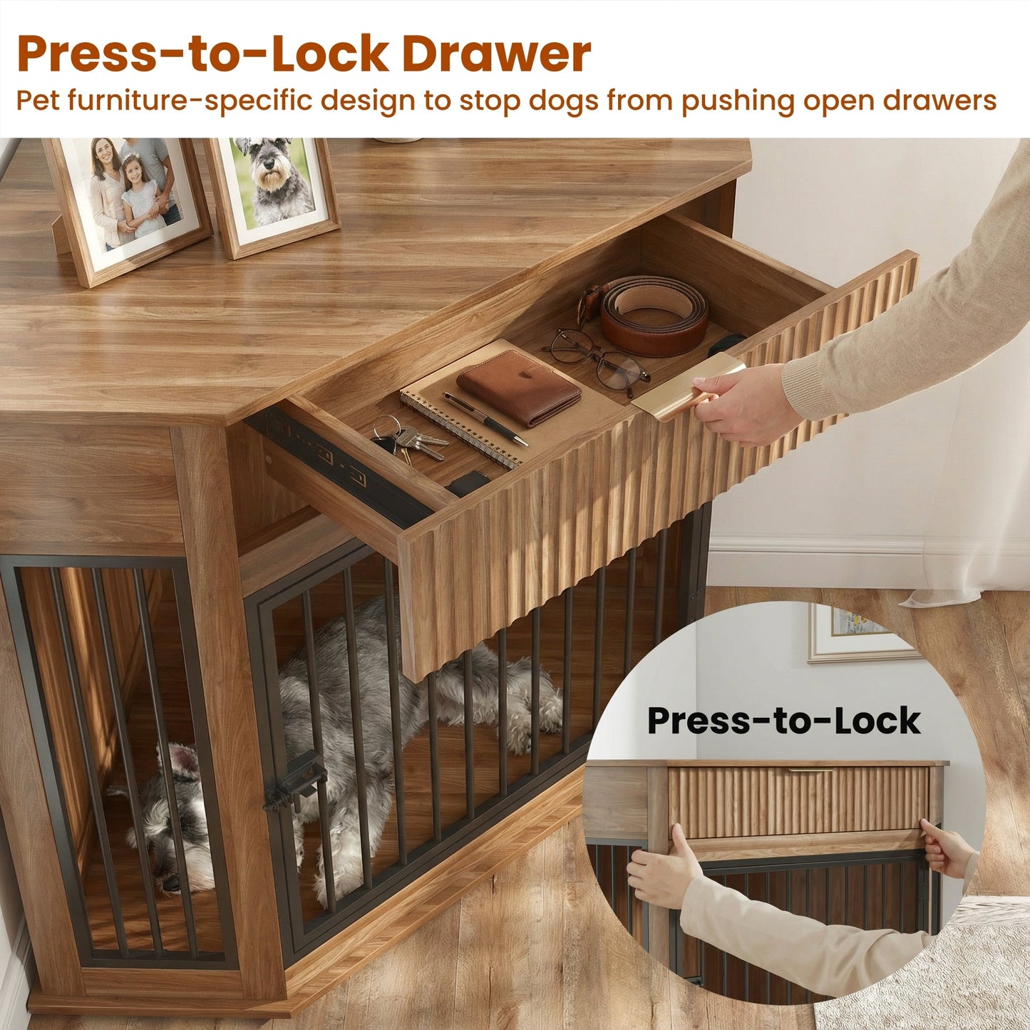 44.6" Corner Dog Crate Furniture with Fluted Drawer – MDF Wooden Dog