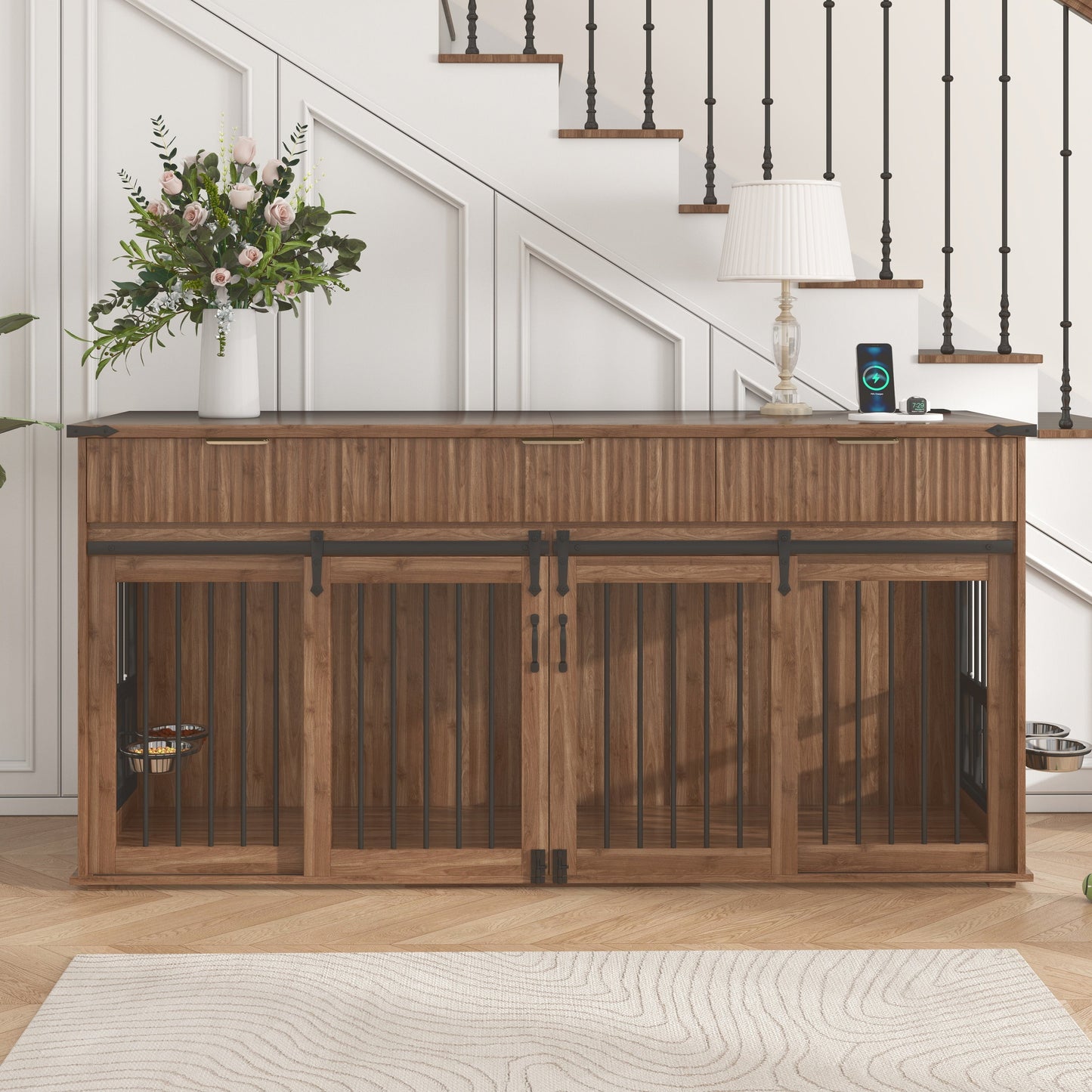 71" Double Dog Crate Furniture with Fluted Drawers – Large Wooden Dog