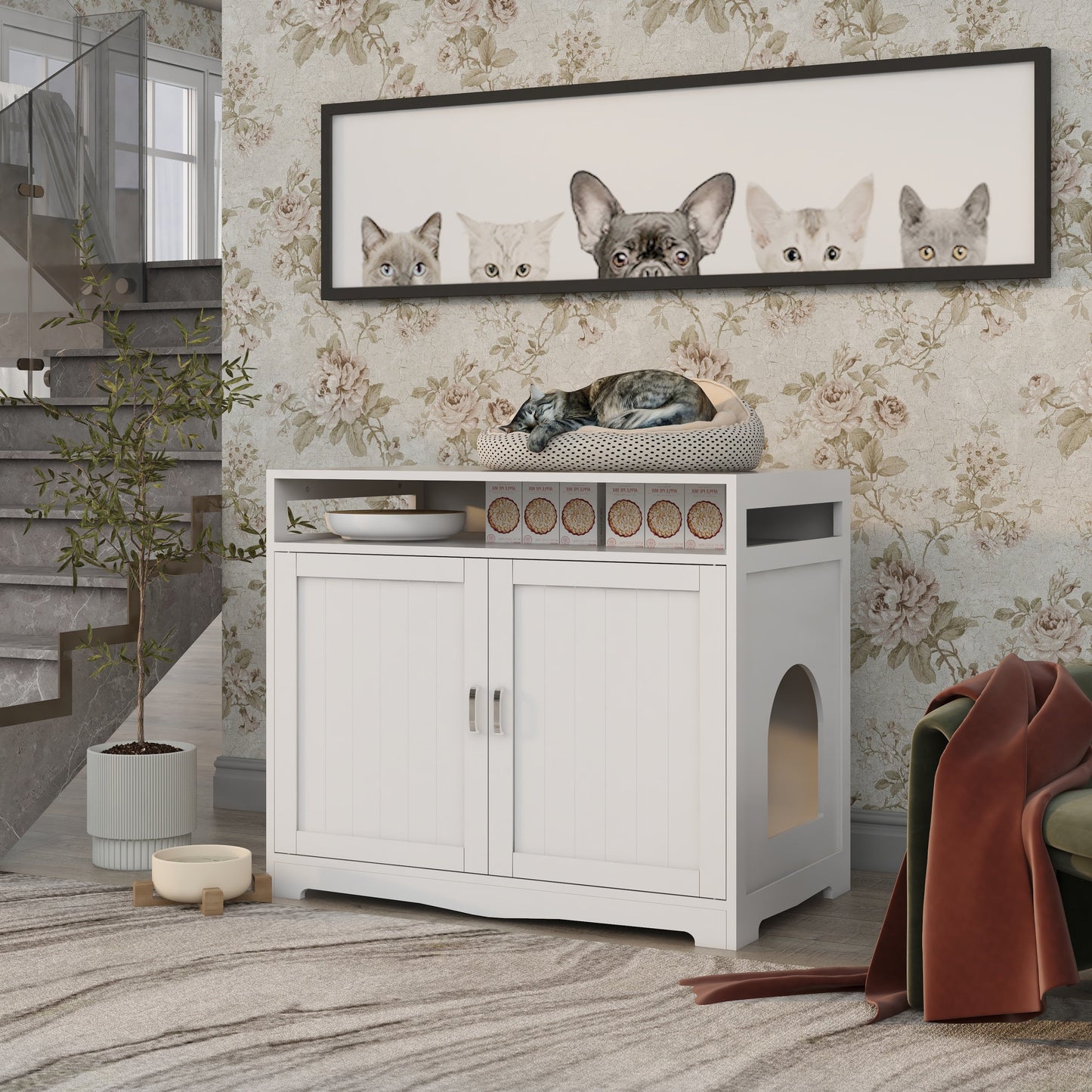 Hidden Cat Litter Box Furniture with Storage Bench , Wooden Pet House