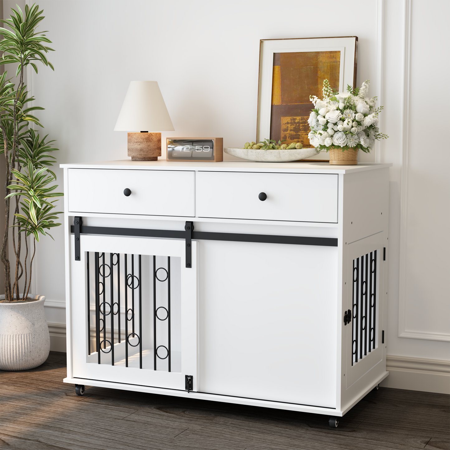 Modern Wooden Dog Crate Furniture with Sliding Barn Door – MDF Indoor