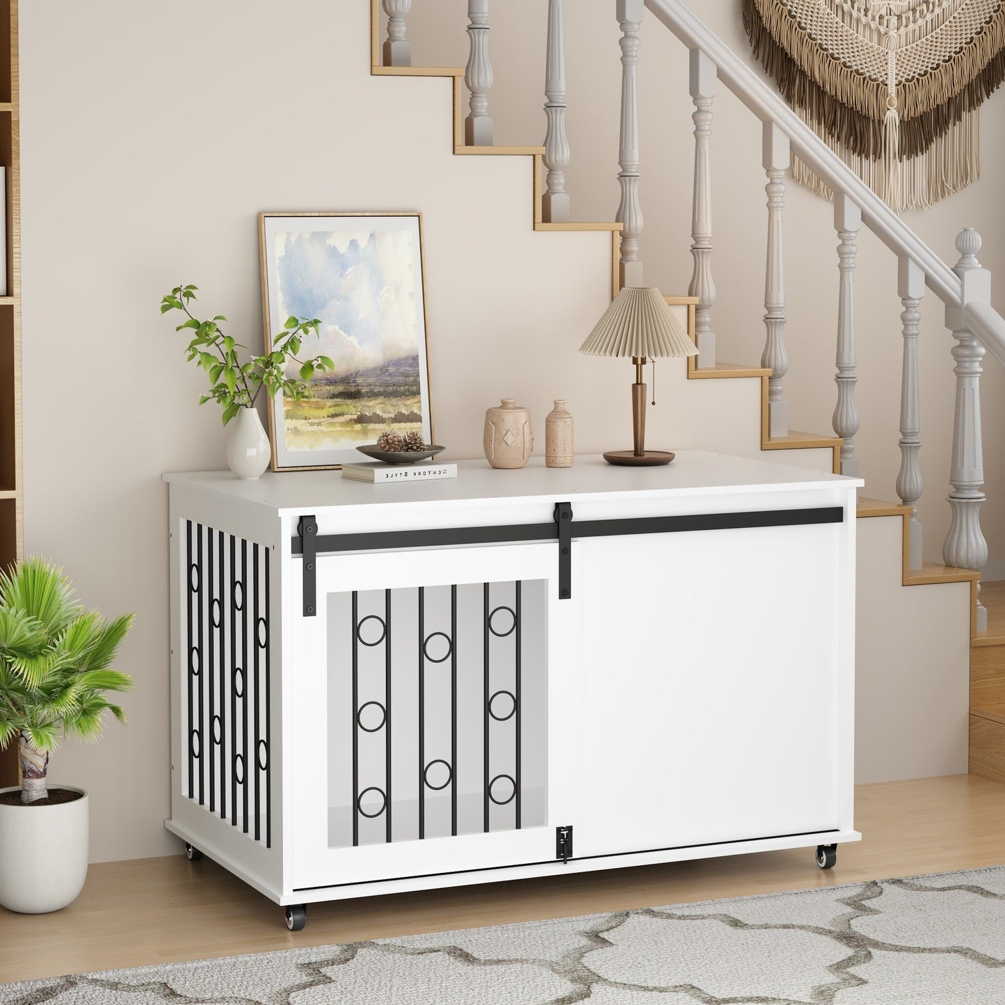 Modern Wooden Dog Crate Furniture with Sliding Barn Door – MDF Indoor